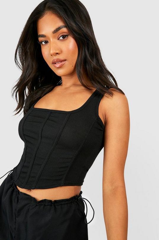 Black Petite Rib Corset Top by BOOHOO