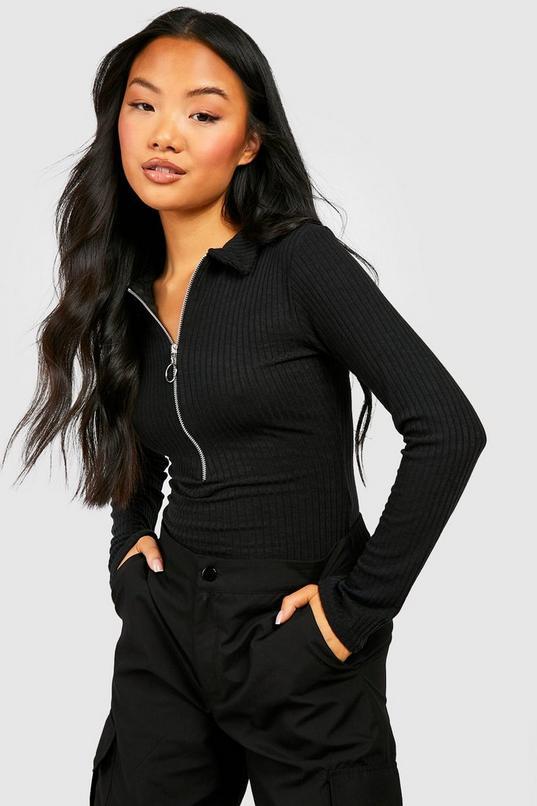 Black Petite Soft Rib Zip Collar Bodysuit by BOOHOO
