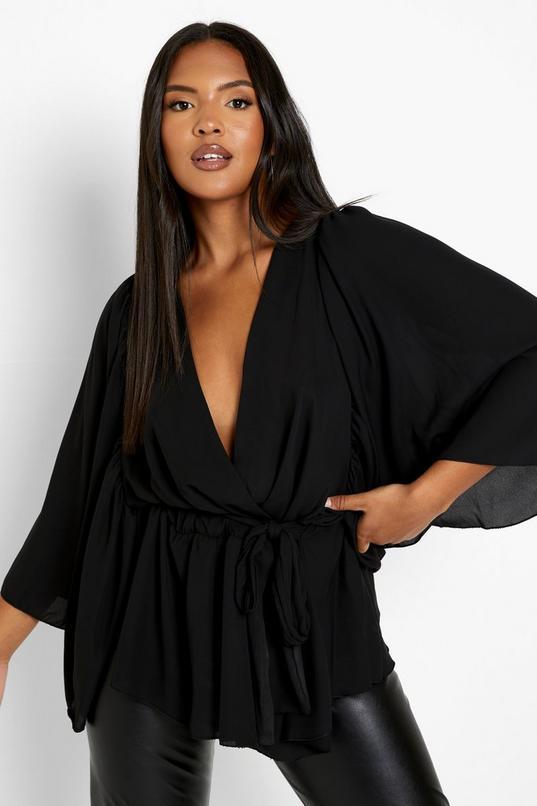 Black Plus Angel Sleeve Wrap Peplum Blouse by BOOHOO
