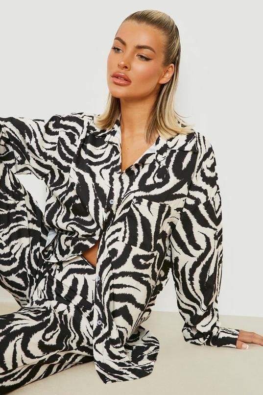 Black Tonal Zebra Print Relaxed Fit Shirt by BOOHOO
