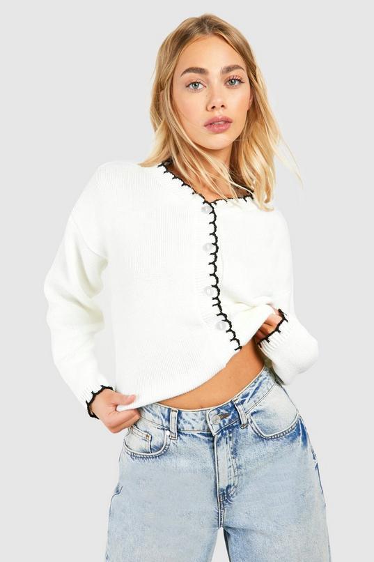 Blanket Stitch Knitted Crop Cardigan by BOOHOO