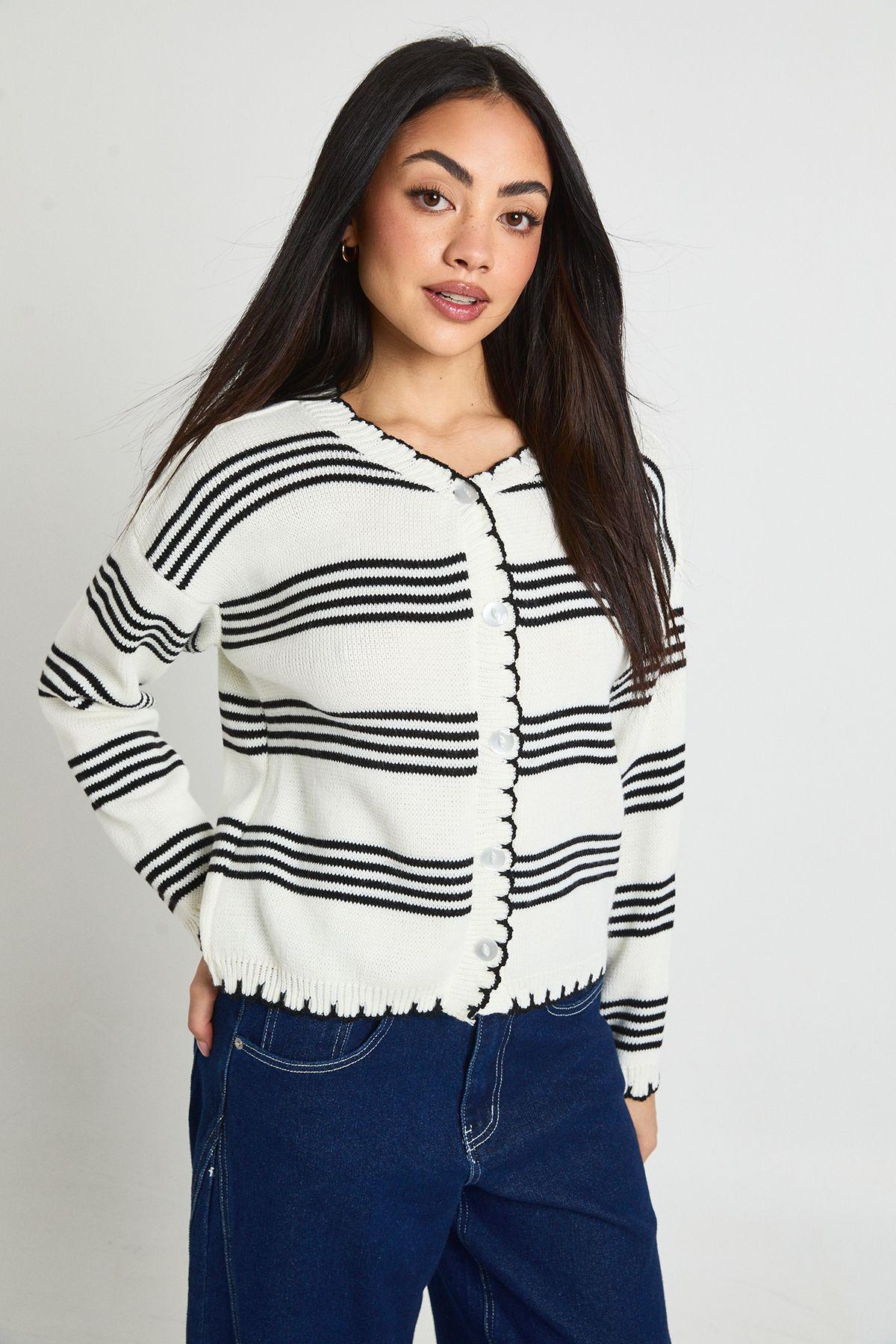 Blanket Stitch Stripe Knit Cardigan by BOOHOO