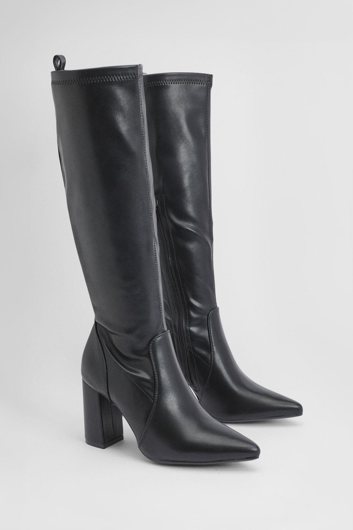 Block Heel Pointed Knee High Boots by BOOHOO