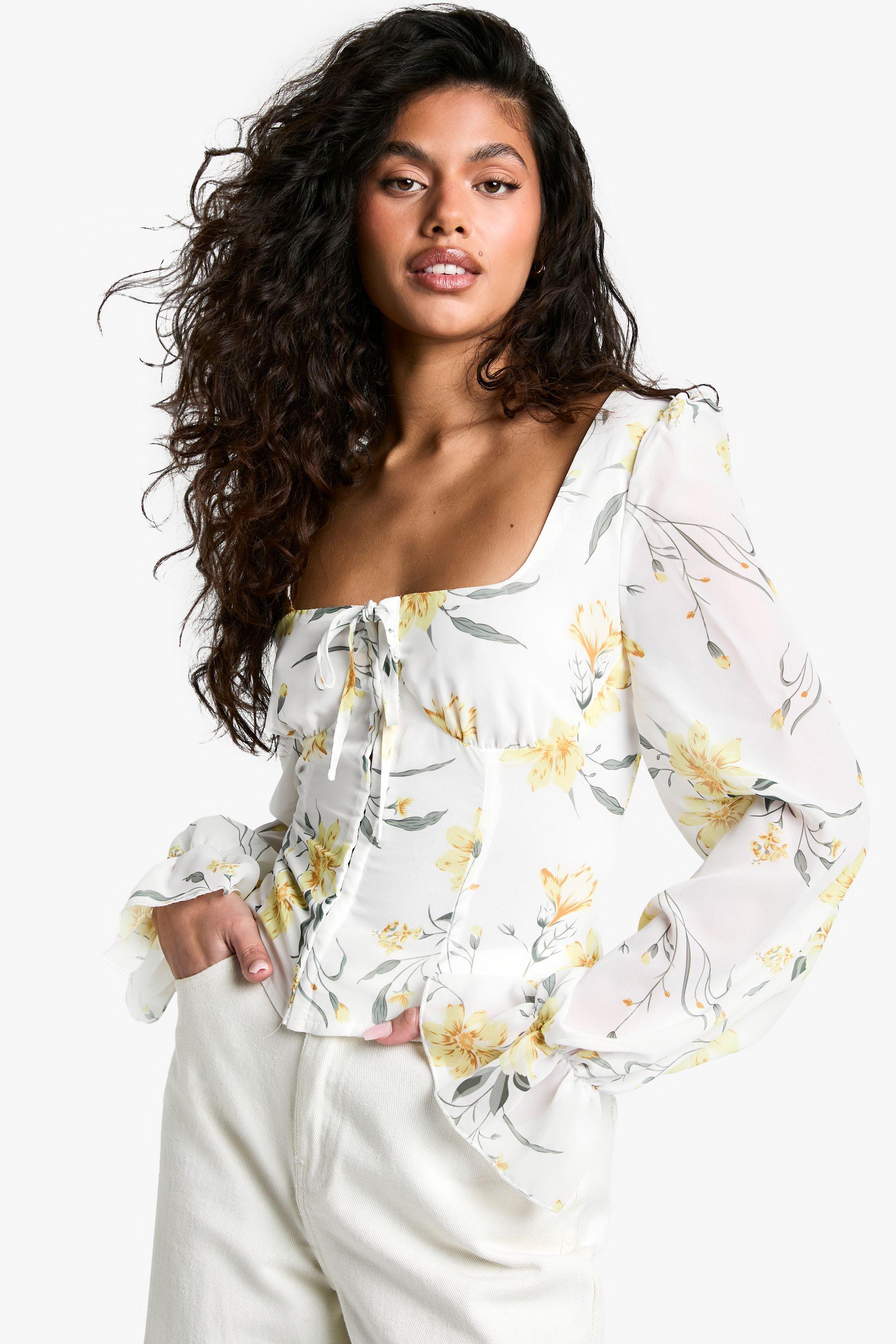 Blurred Ditsy Floral Print Chiffon Balloon Milkmaid Top by BOOHOO