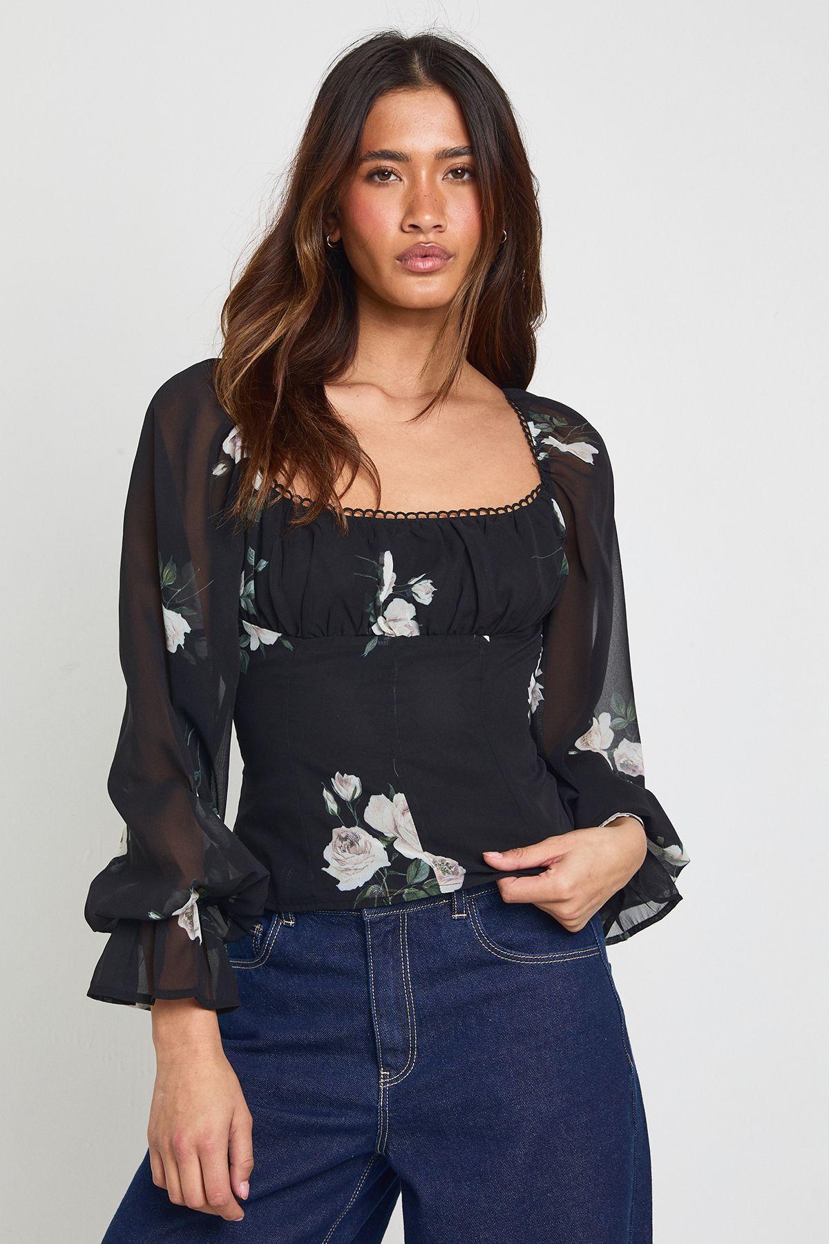 Blurred Floral Print Ruched Corset Bust Woven Blouse by BOOHOO