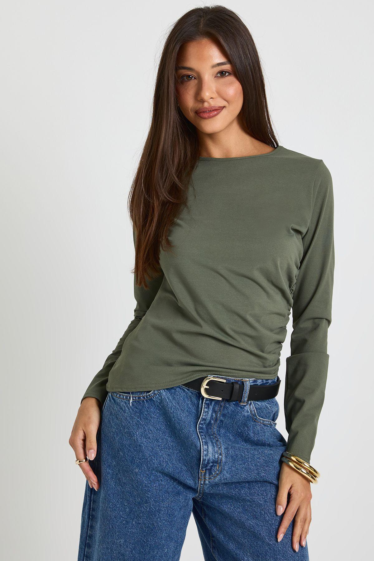 Boat Neck Ruched Asym Hem Top by BOOHOO