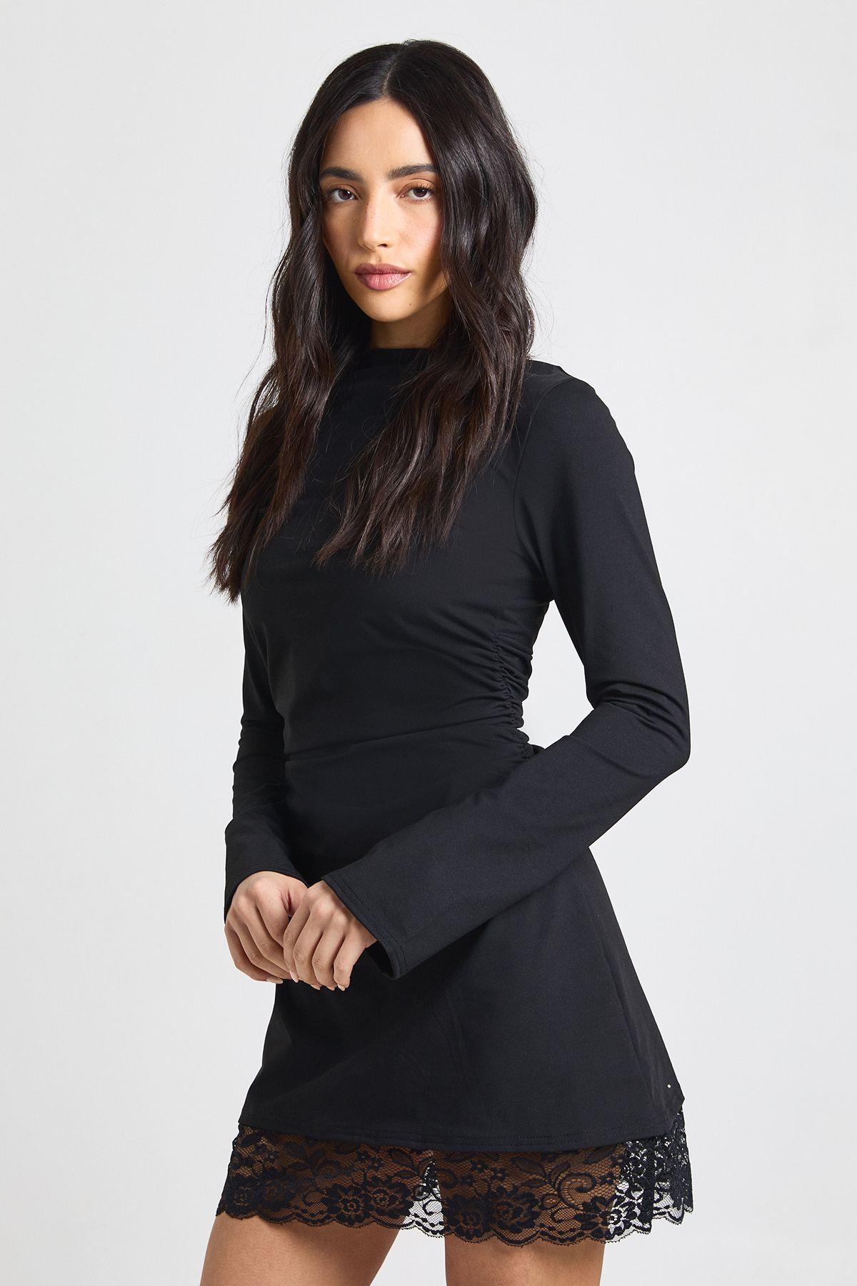 Boat Neck Ruched Side Lace Hem Dress by BOOHOO