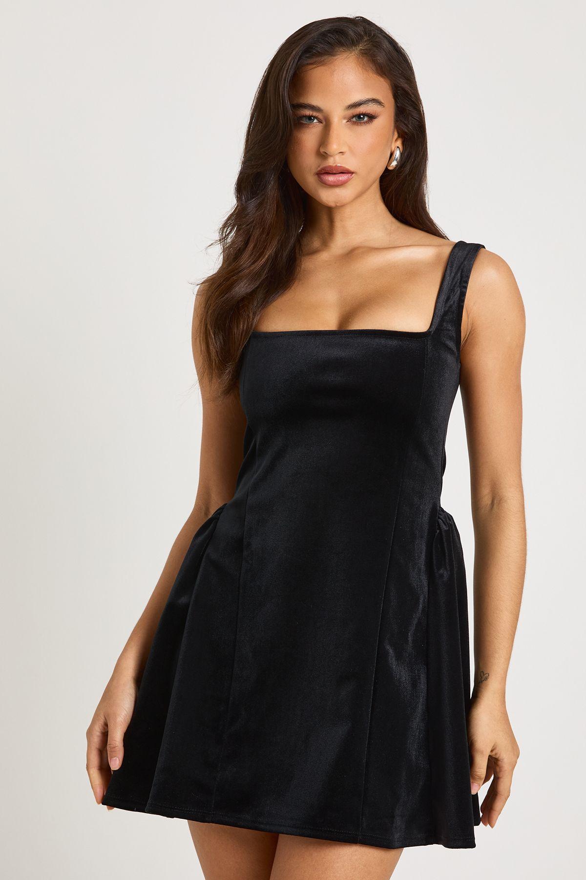 Bonded Velvet Square Neck Volume Skater Dress by BOOHOO