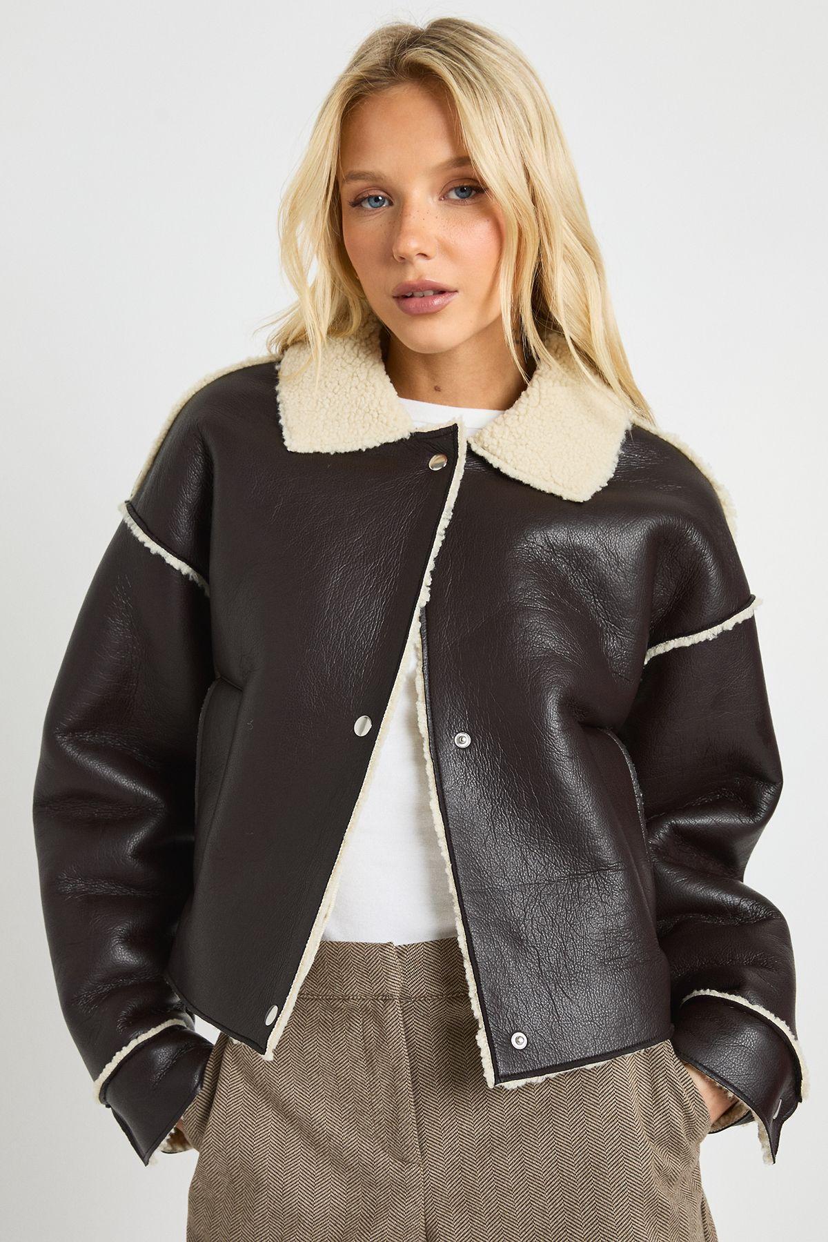 Borg Lined Collared Aviator by BOOHOO Borg Lined Collared Aviator by BOOHOO