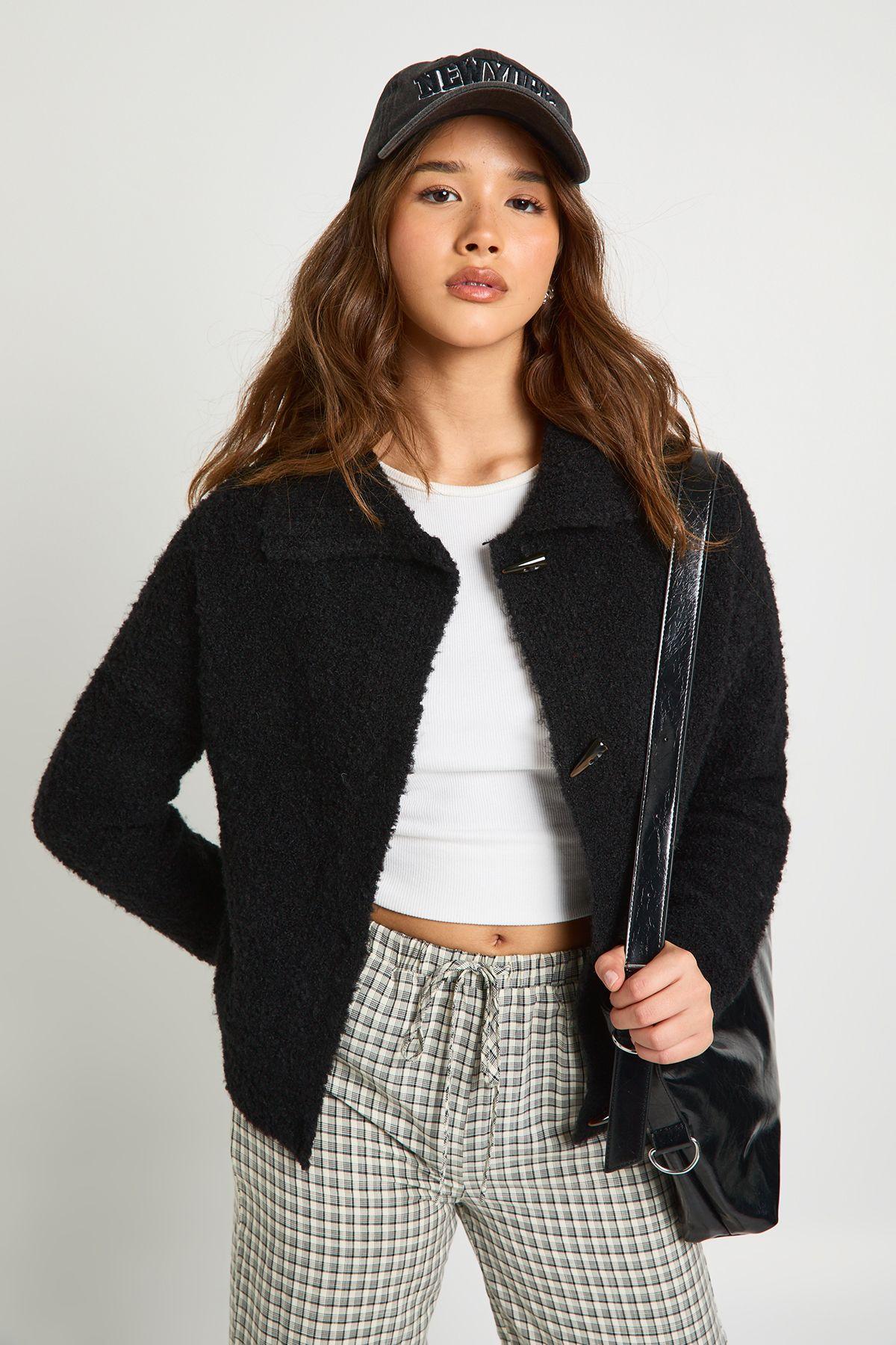 Boucle Knit Toggle Button Oversized Jumper by BOOHOO