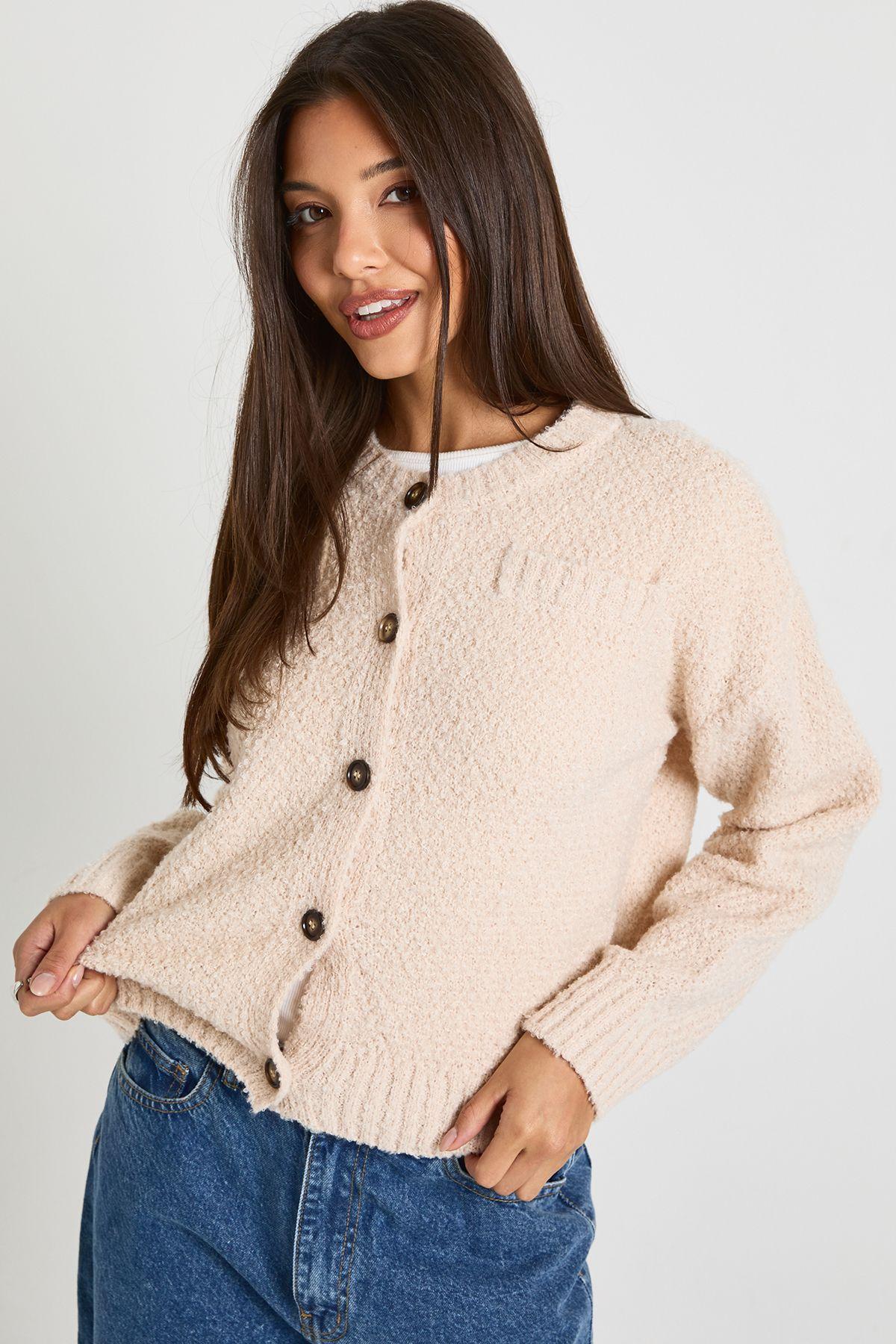 Boucle Knitted Button Front Pocket Detail Cardigan by BOOHOO