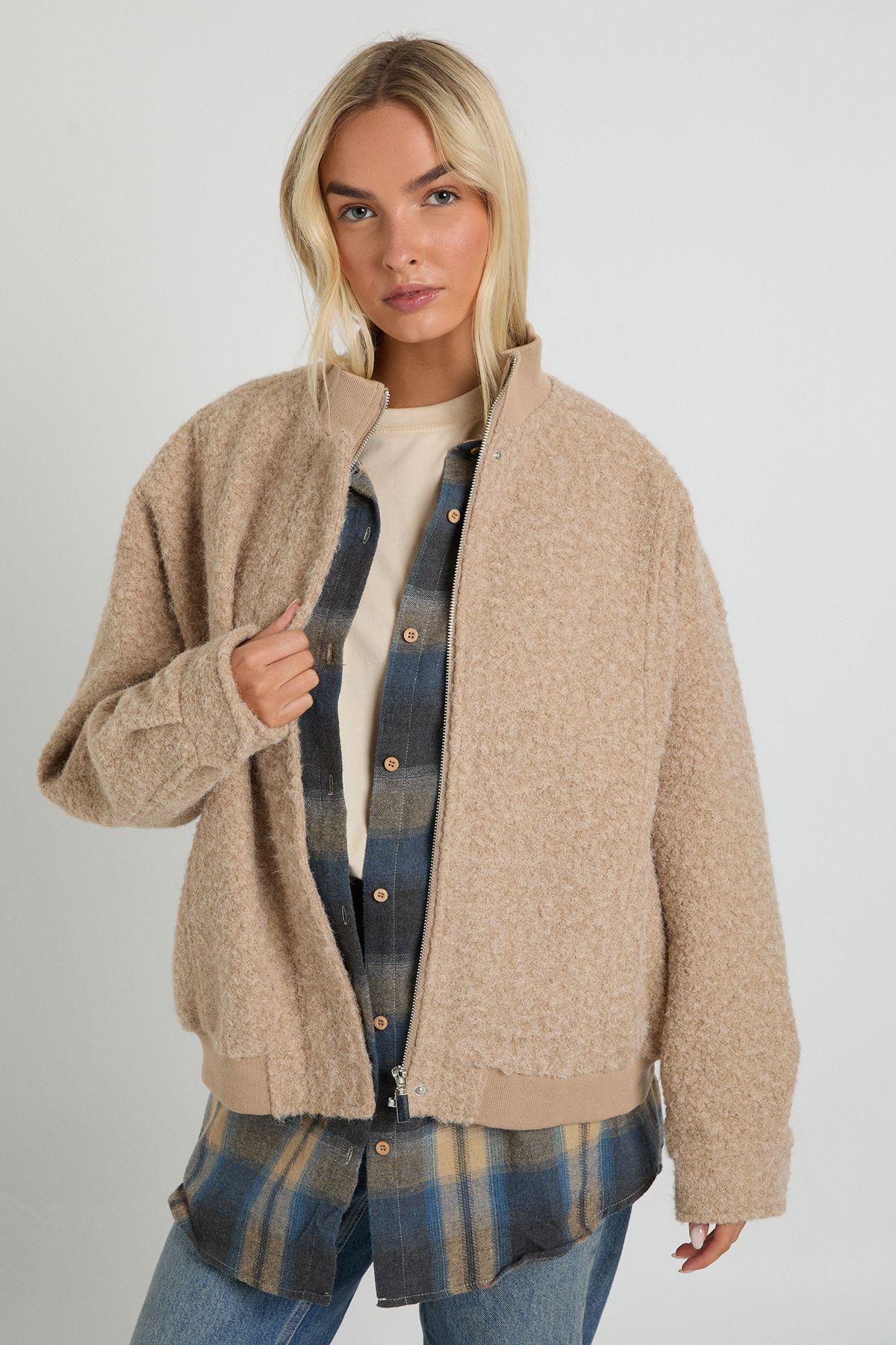 Boucle Wool Look Bomber Jacket by BOOHOO