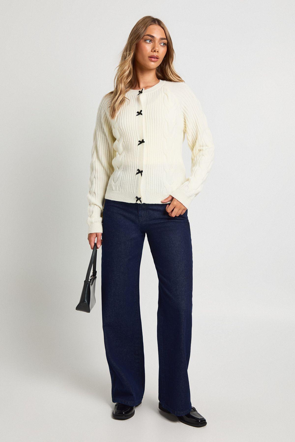 Bow Button Detail Cable Knit Cardigan by BOOHOO
