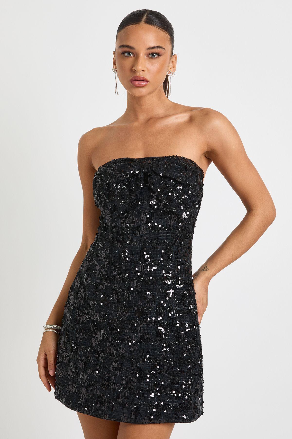 Bow Detail Boucle Sequin Shift Mini Dress by BOOHOO