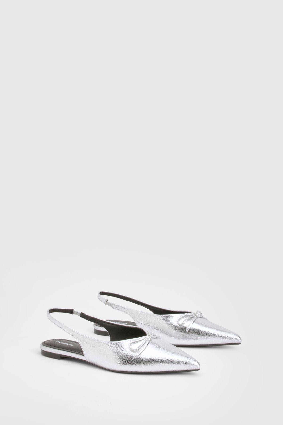 Bow Detail Pointed Slingback Flats by BOOHOO