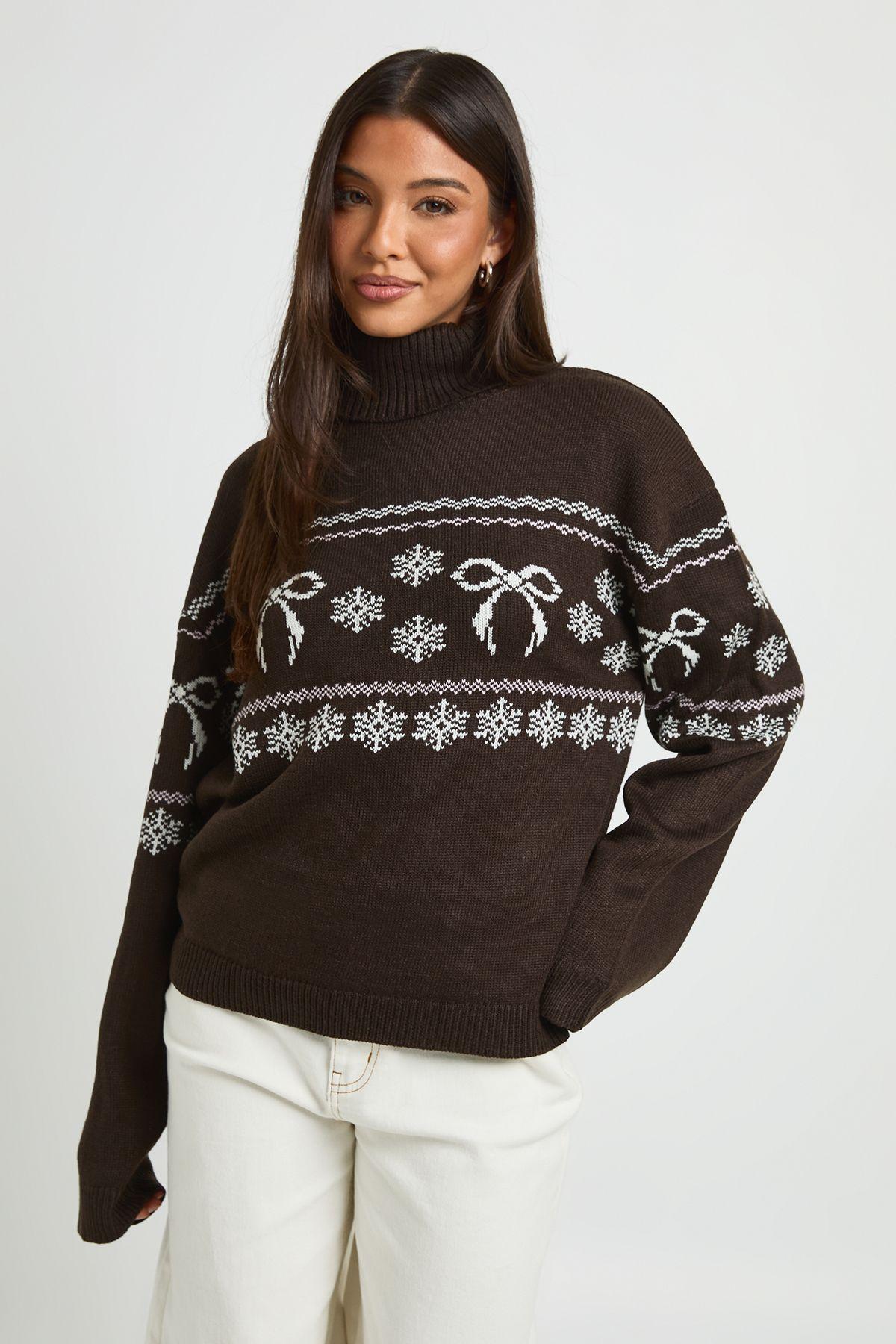 Bow Fairisle  Christmas Roll Neck Jumper by BOOHOO