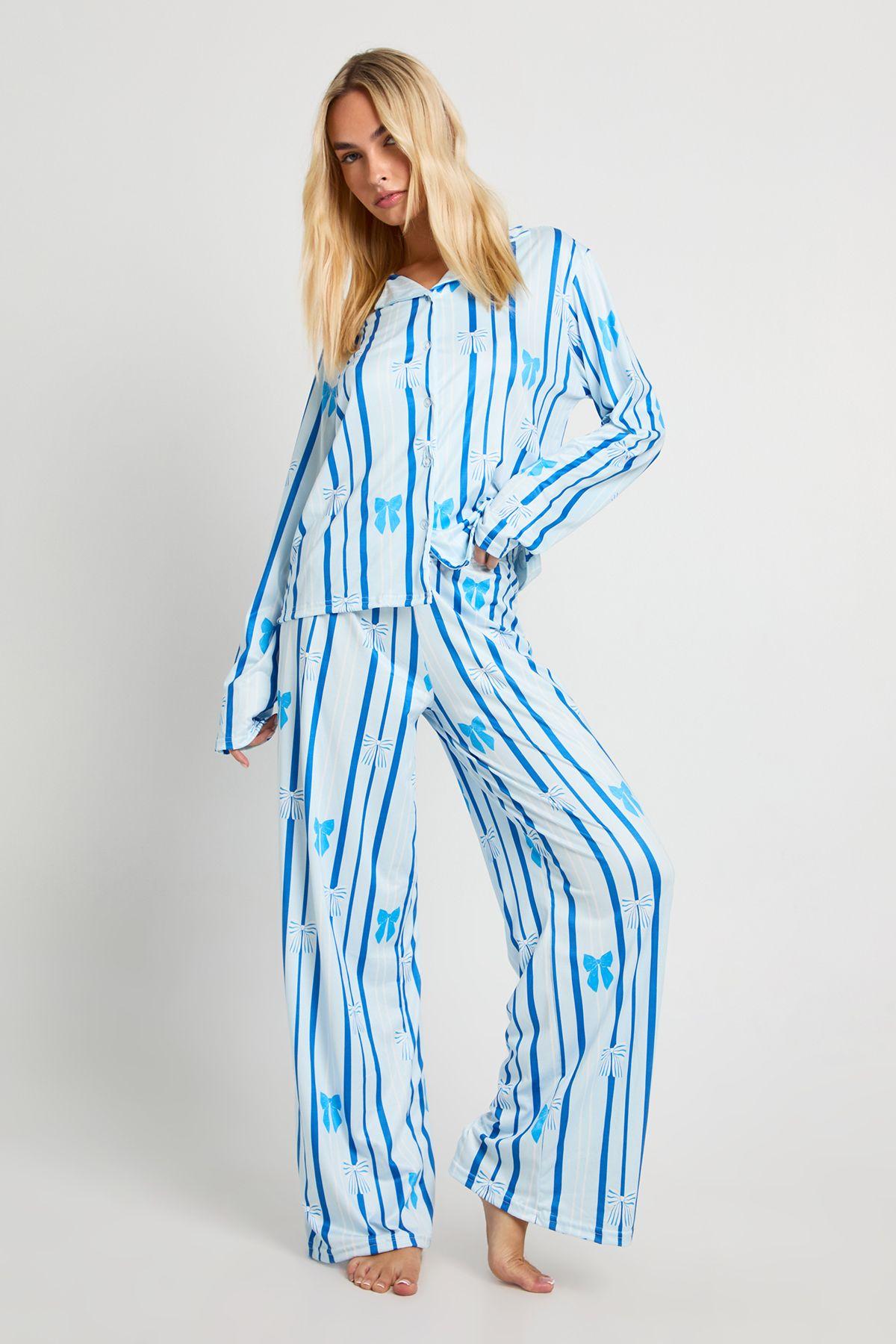 Bow Print Long Sleeve Shirt and Trouser Pyjama Set by BOOHOO