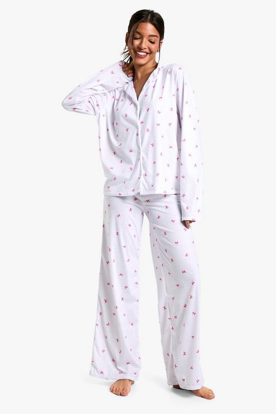 Bow Print Long Sleeve Shirt & Trousers Pyjama Set by BOOHOO