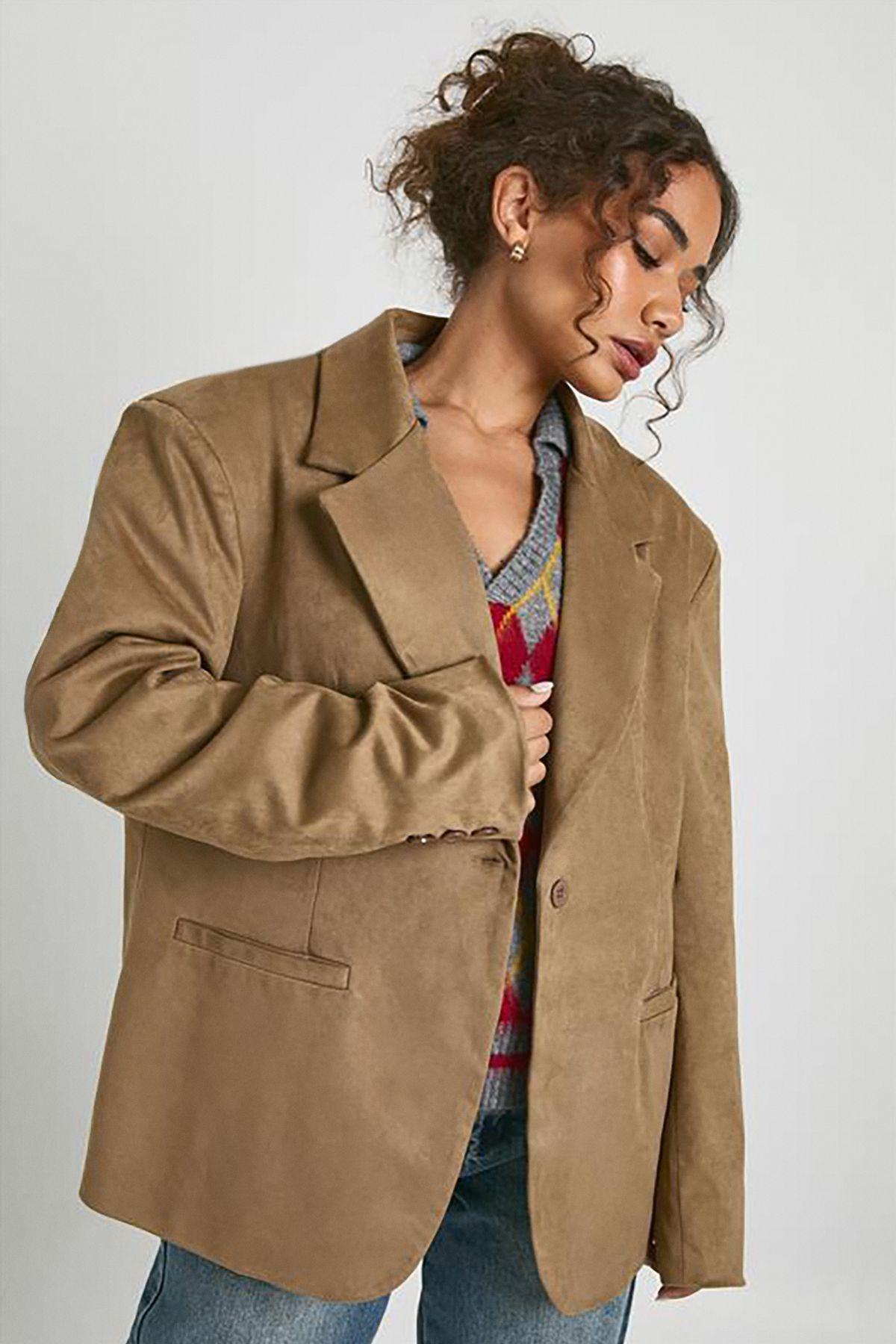Boxy Oversized Faux Suede Blazer by BOOHOO