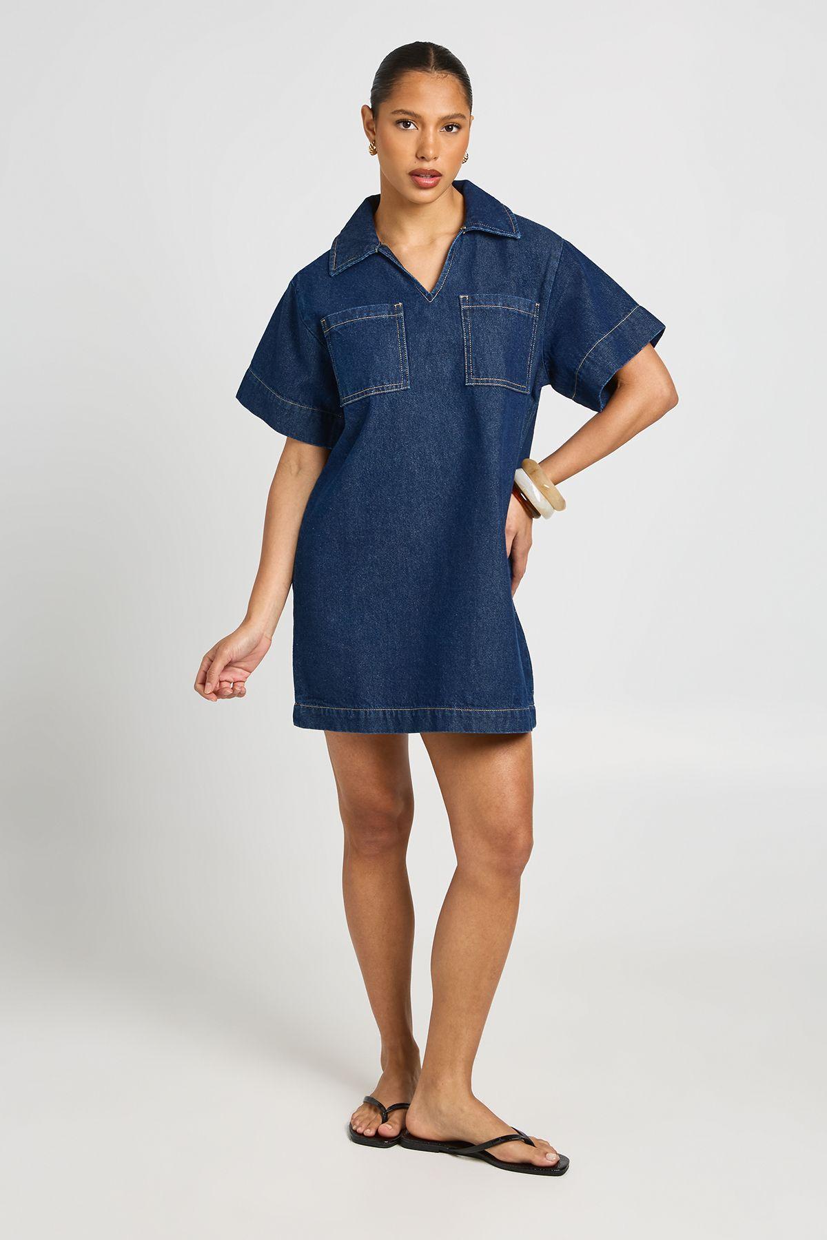 Boxy Short Sleeve Denim Dress by BOOHOO