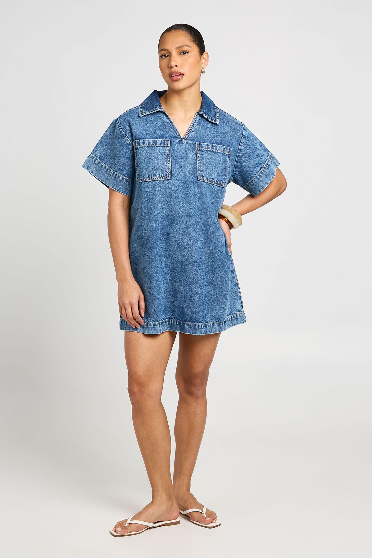 Boxy Short Sleeve Denim Dress by BOOHOO