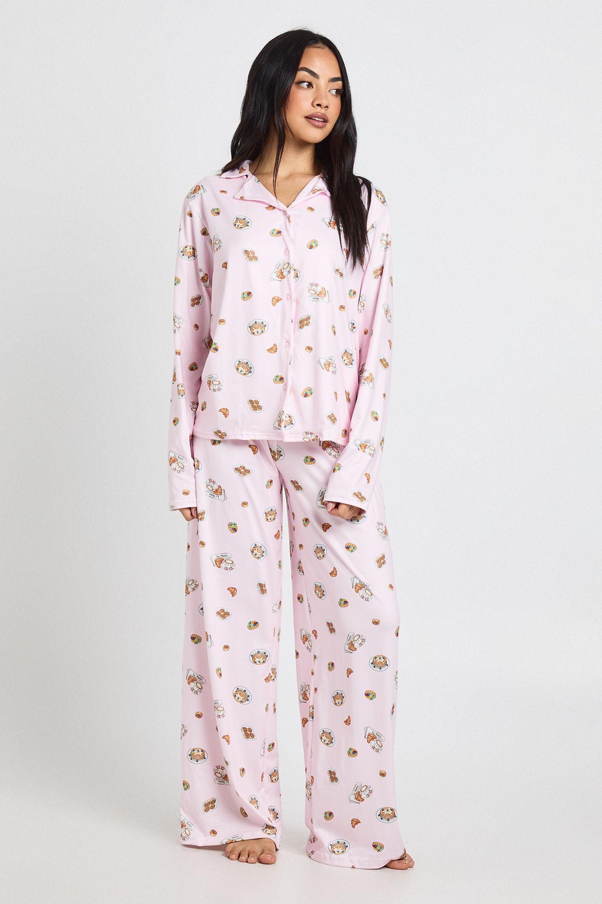 Breakfast Print Long Sleeve Shirt and Trouser Pyjama Set by BOOHOO