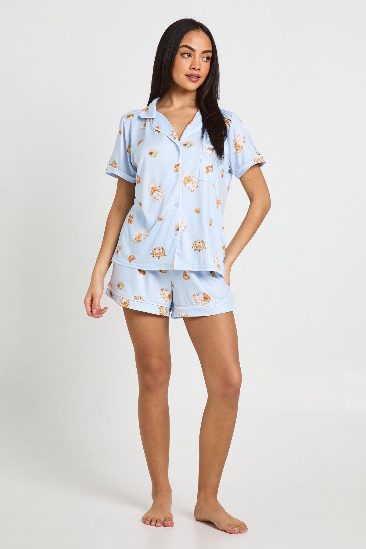 Breakfast Print Short Sleeve Shirt & Short Pyjama Set by BOOHOO