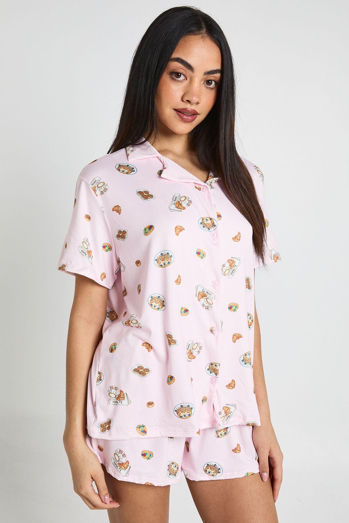 Breakfast Print Short Sleeve Shirt & Shorts PJ Set by BOOHOO