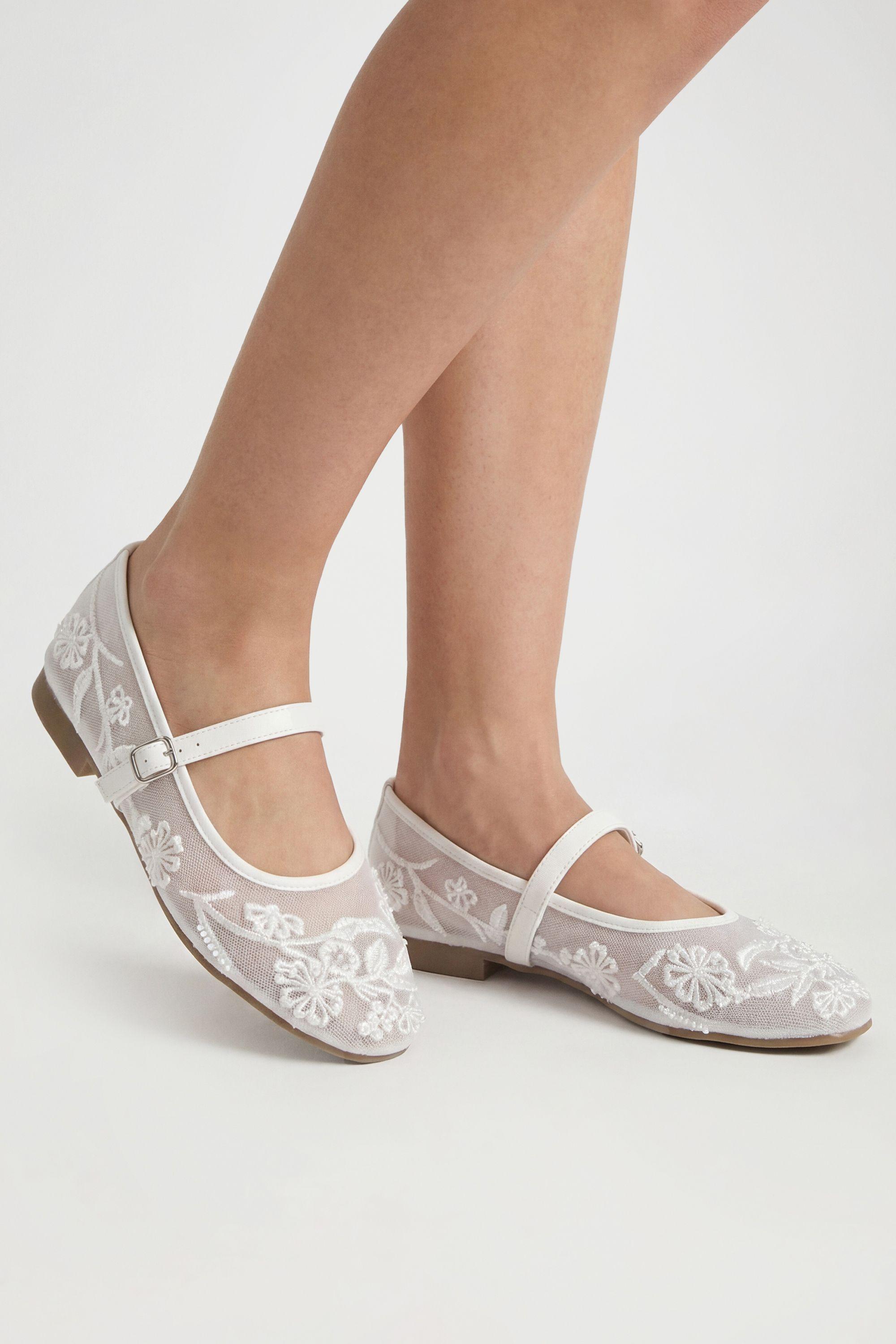 Bridal Beaded Mesh Buckle Strap Ballet Flats by BOOHOO