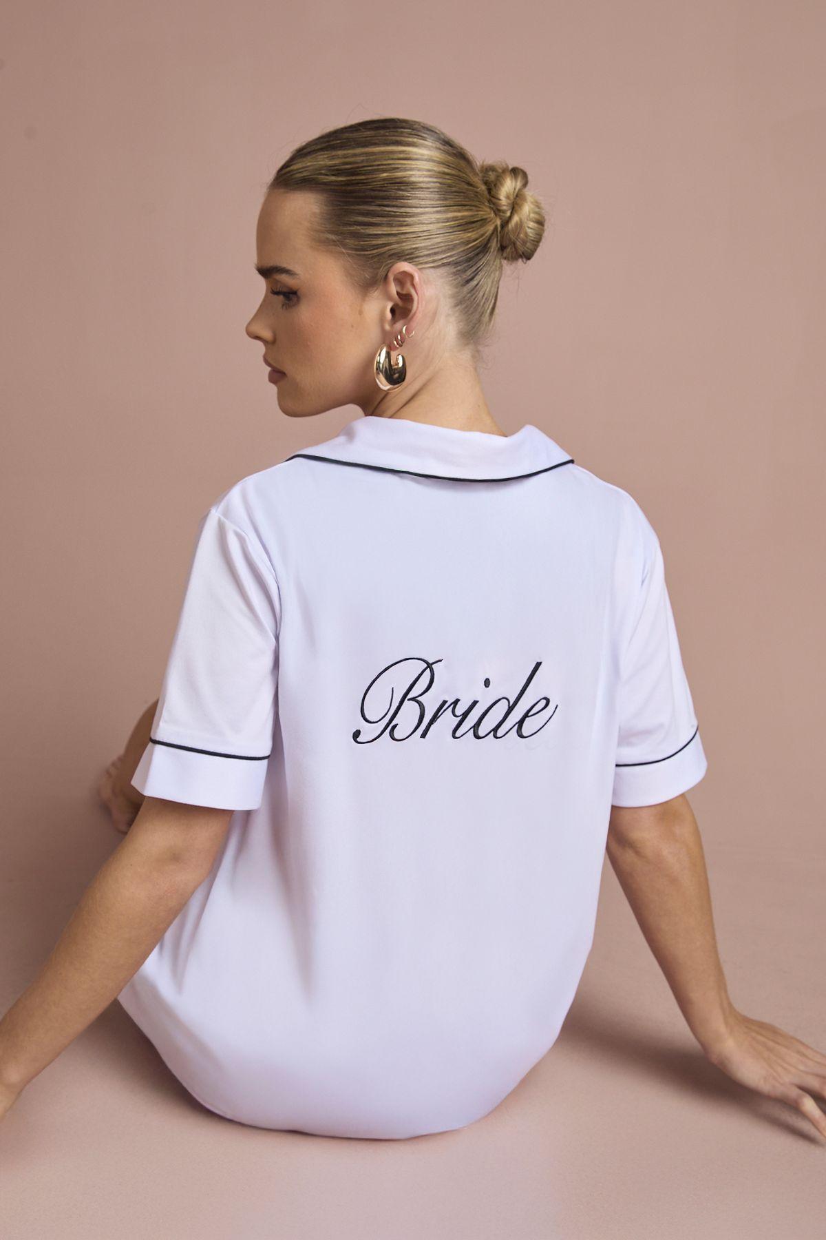 Bridal 'Bride' Jersey Embroidered Short Sleeve Shirt & Short Pyjama Set by BOOHOO Bridal 'Bride' Jersey Embroidered Short Sleeve Shirt & Short Pyjama Set by BOOHOO