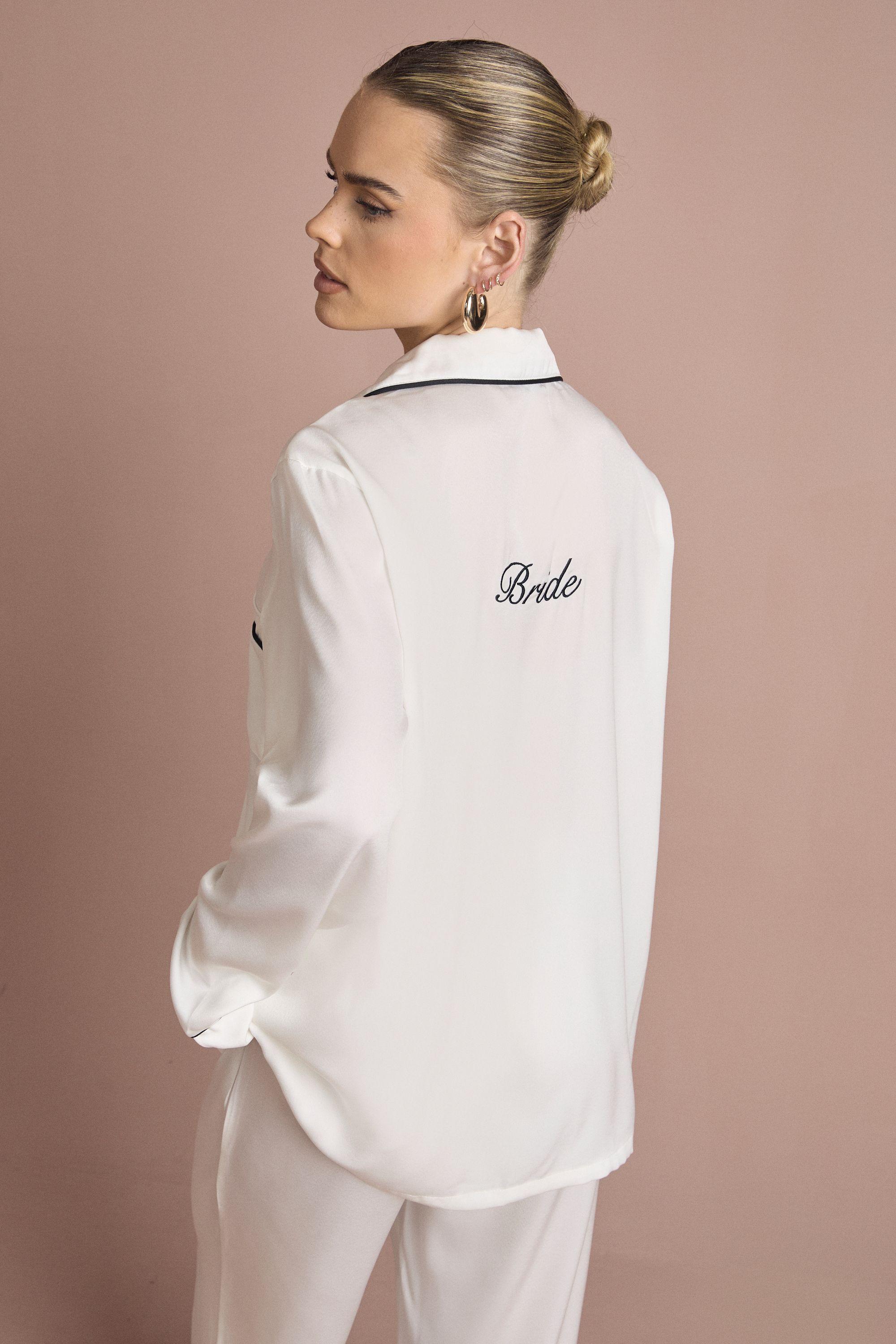 Bridal 'Bride' Satin Embroidered Long Sleeve Shirt & Trousers Pyjama Set by BOOHOO
