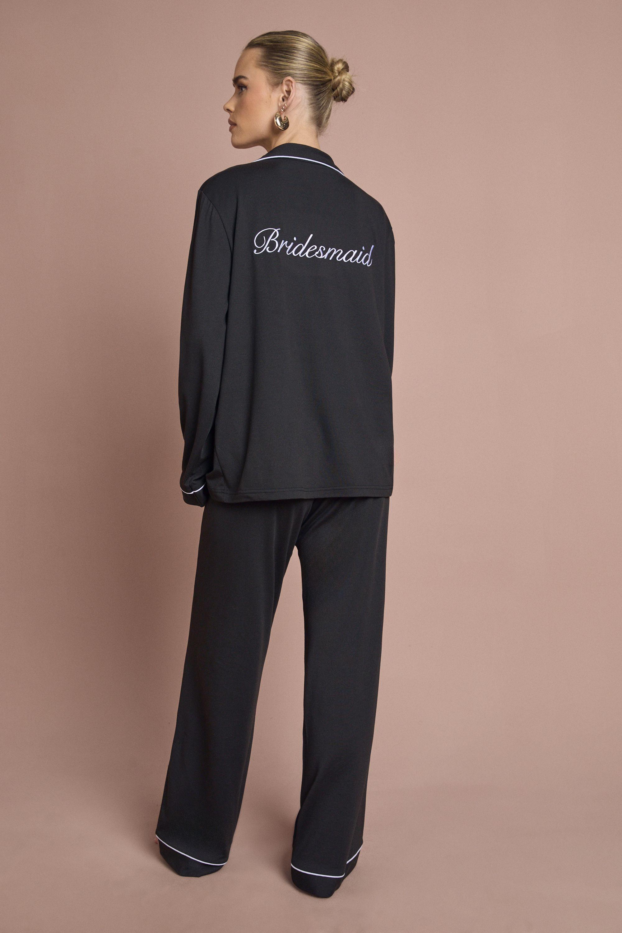 Bridal 'Bridesmaid' Jersey Embroidered Long Sleeve Shirt & Trousers Pyjama Set by BOOHOO