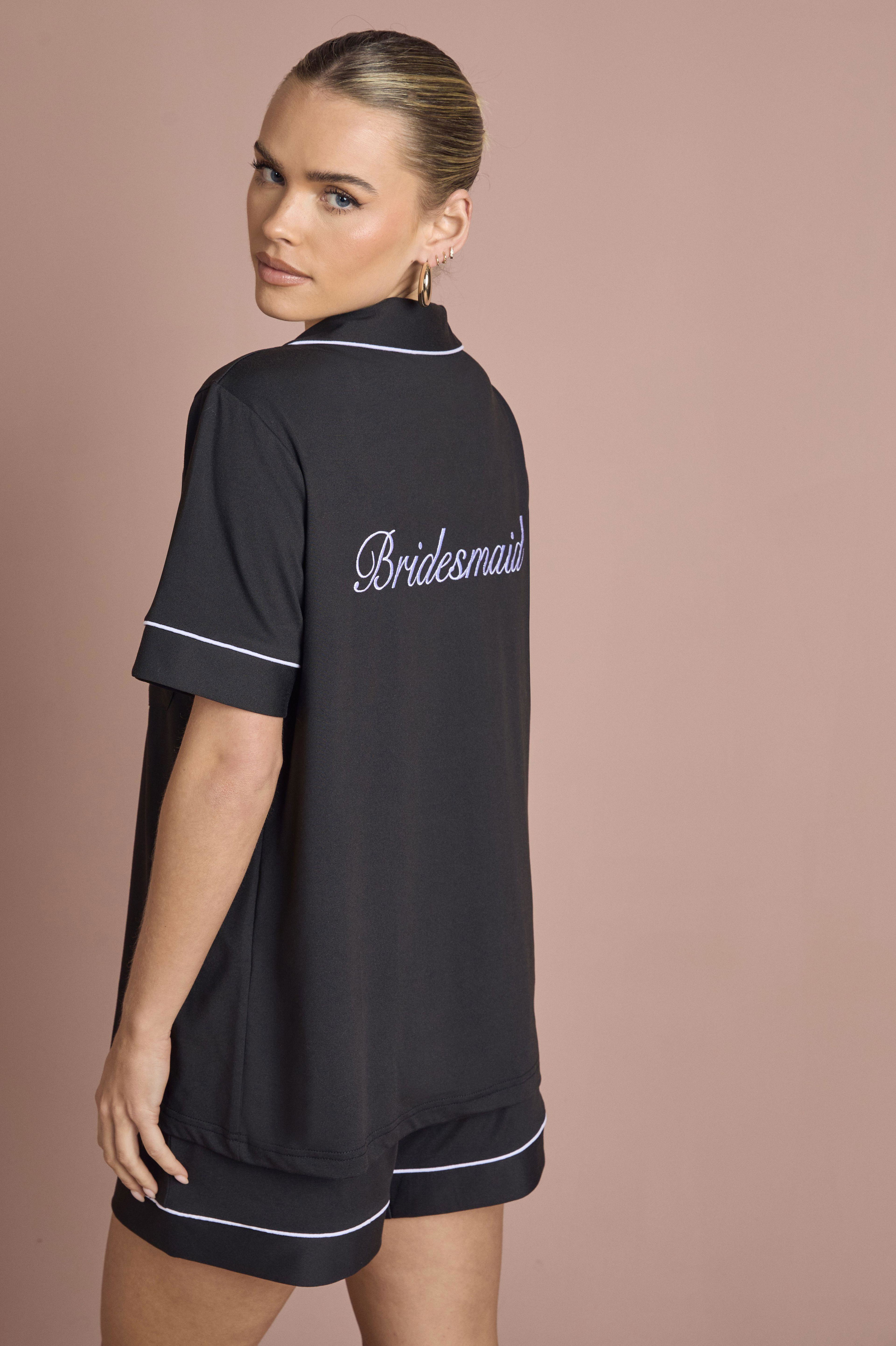 Bridal 'Bridesmaid' Satin Embroidered Short Sleeve Shirt & Short Pyjama Set by BOOHOO