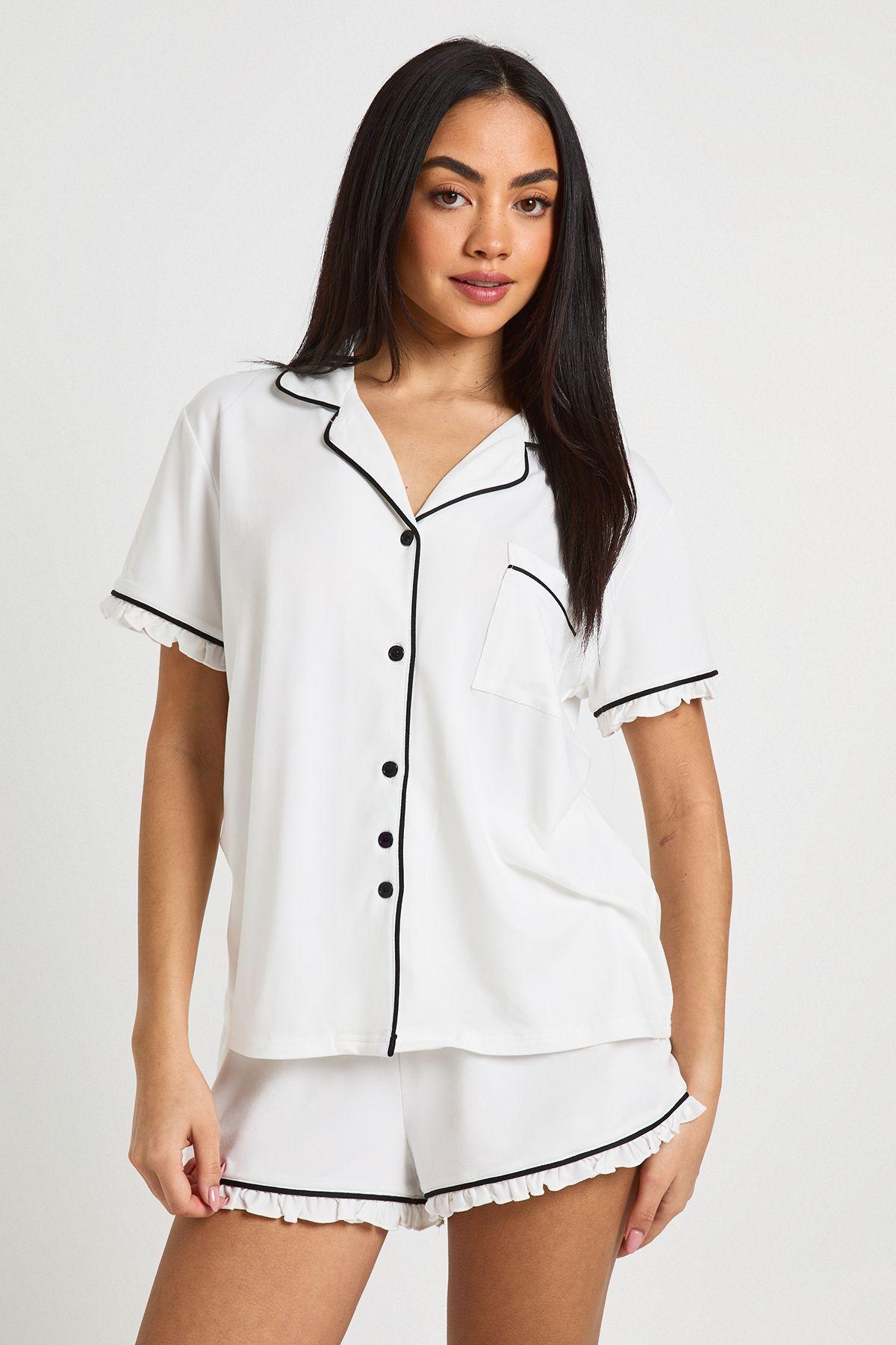 Bridal Jersey 'Bride' Embroidered Frill Detail Short Sleeve Shirt & Short Pyjama Set by BOOHOO