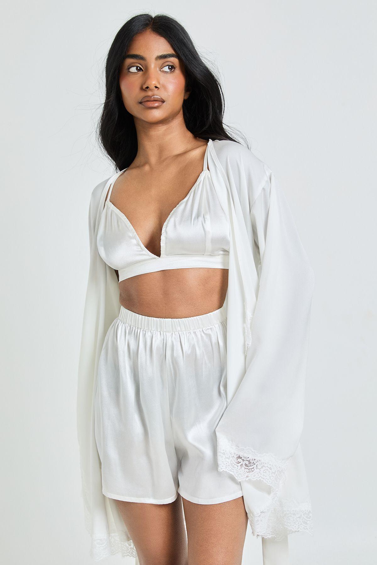Bridal Lace Detail Satin Mini Robe by BOOHOO