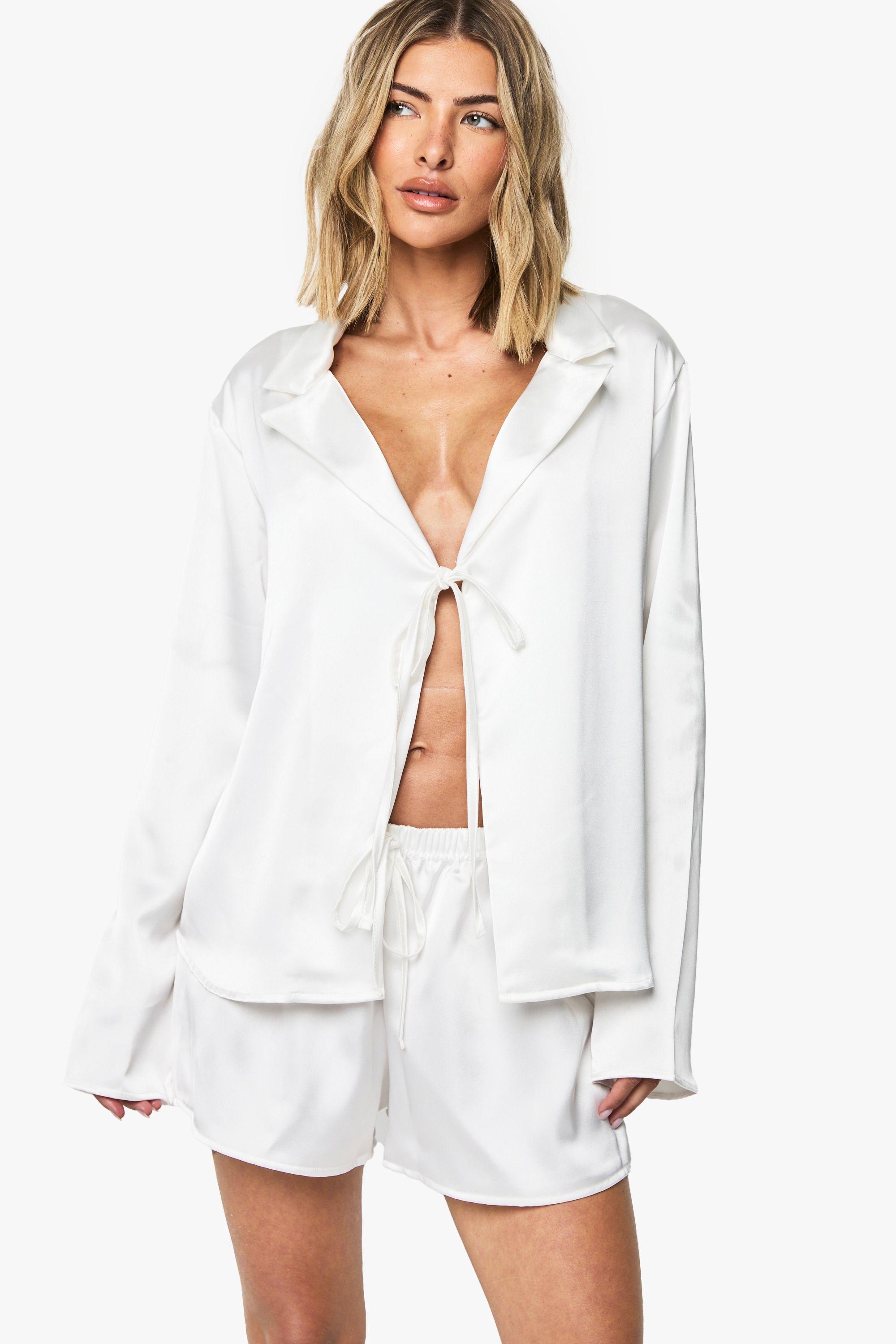 Bridal Satin Tie Front Long Sleeve Pyjama Shirt by BOOHOO