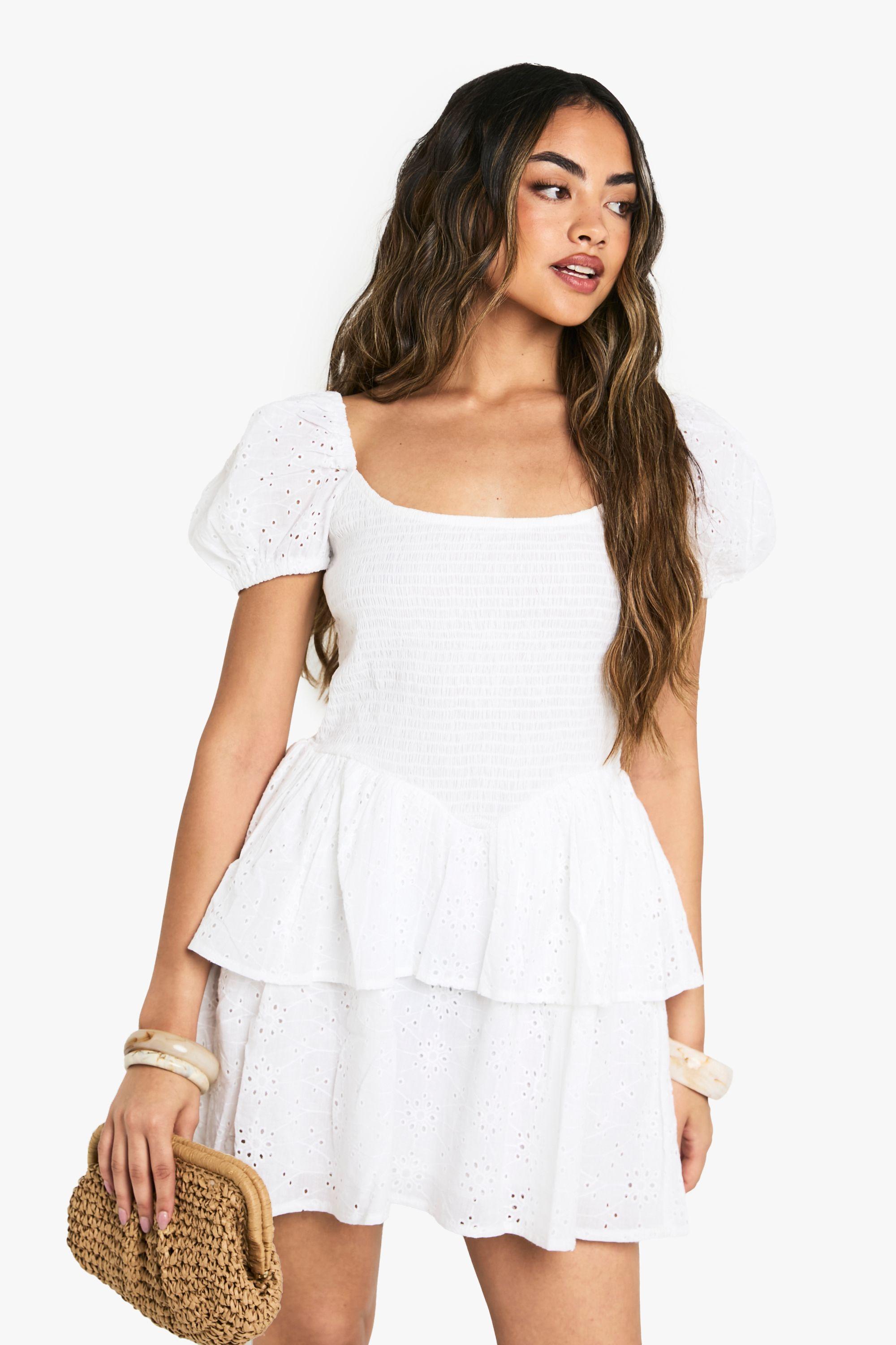 Broderie Anglaise Puff Sleeve Skater Dress by BOOHOO