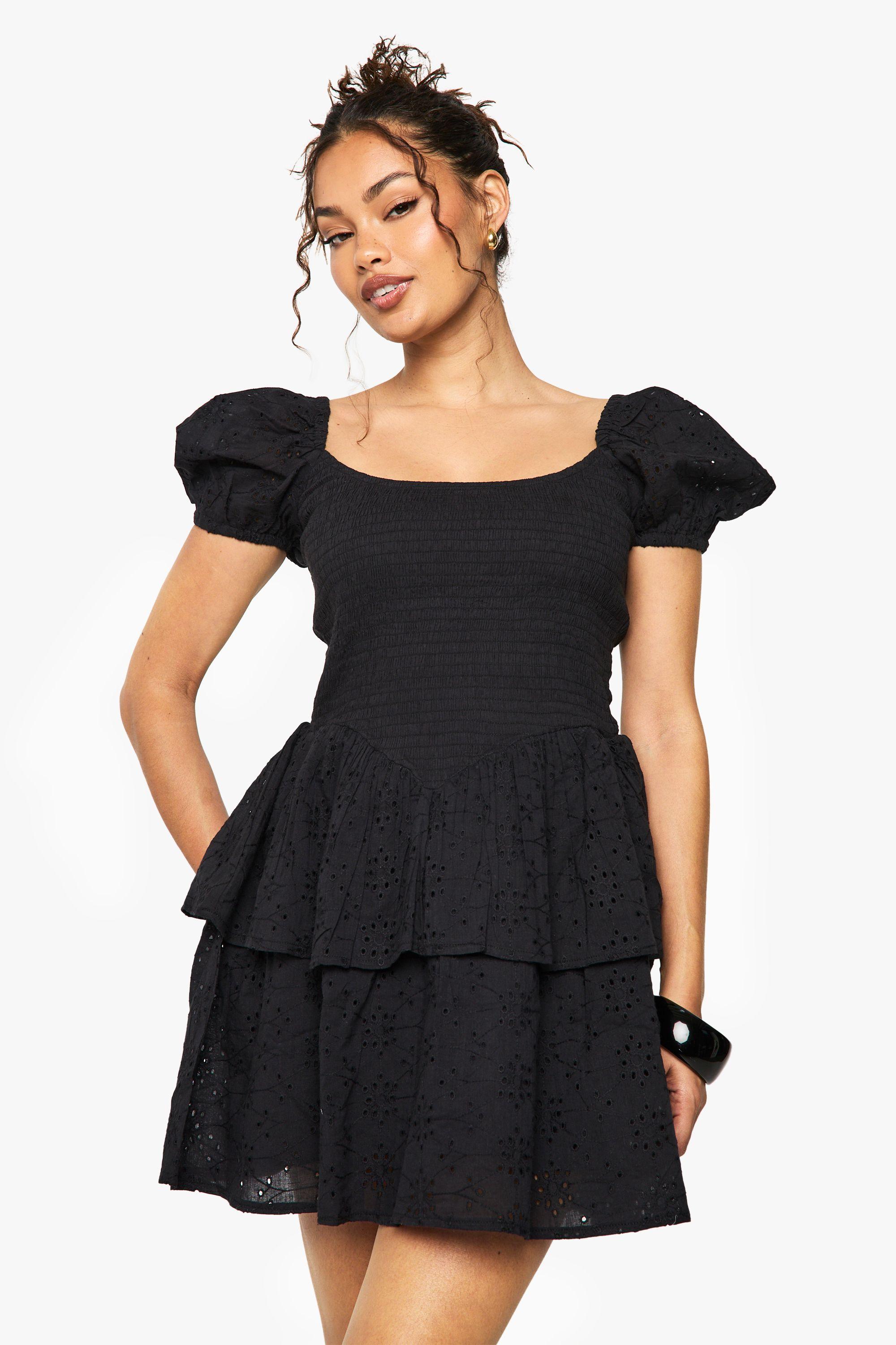 Broderie Anglaise Puff Sleeve Skater Dress by BOOHOO