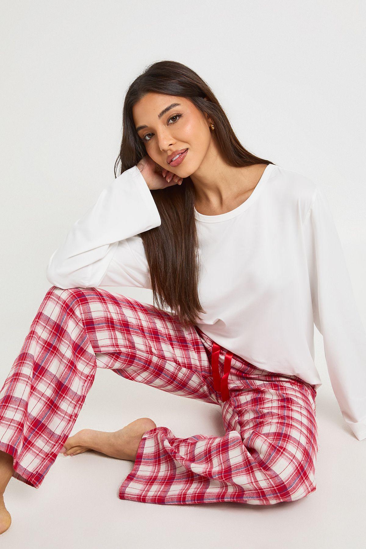 Brushed Check Long Sleeve Top & Trousers Pyjama Set by BOOHOO