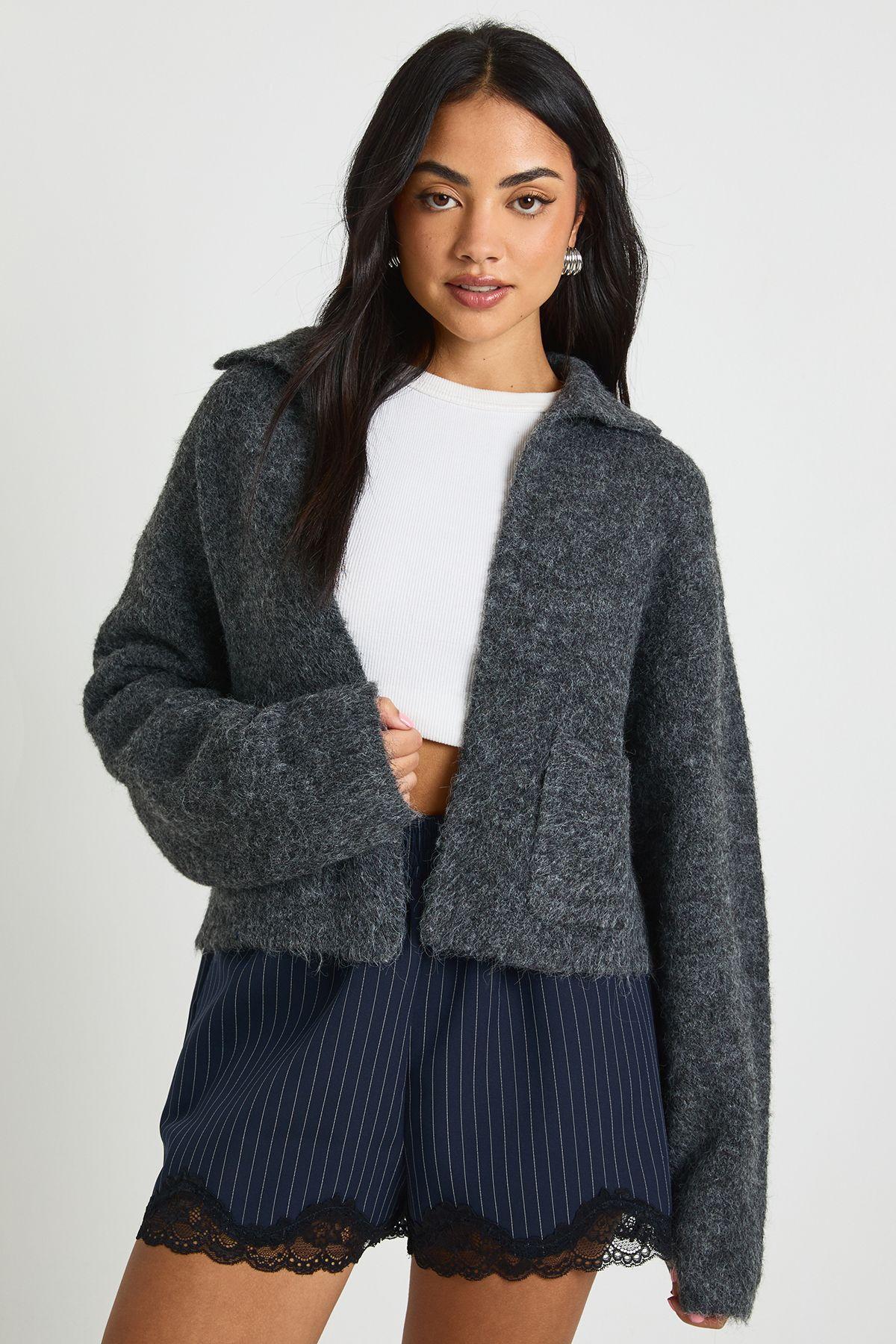 Brushed Knit Collared Pocket Detail Cardigan by BOOHOO