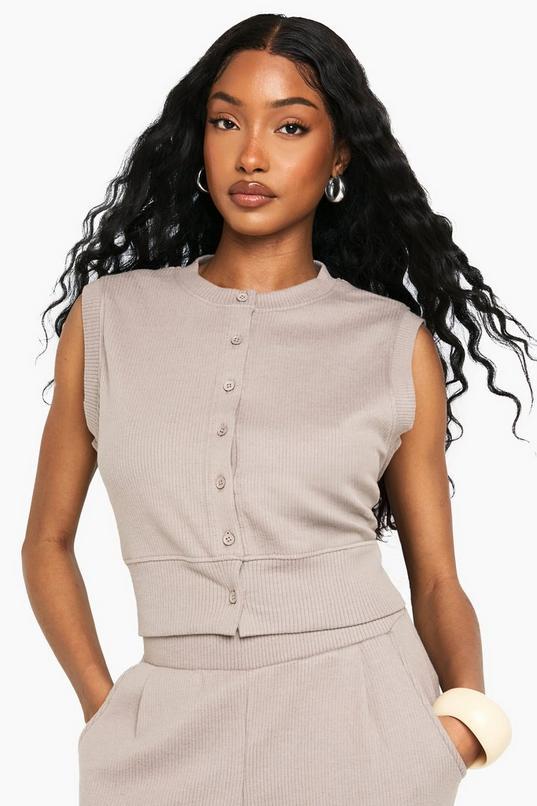 Brushed Rib Button Through Sleeveless Top by BOOHOO