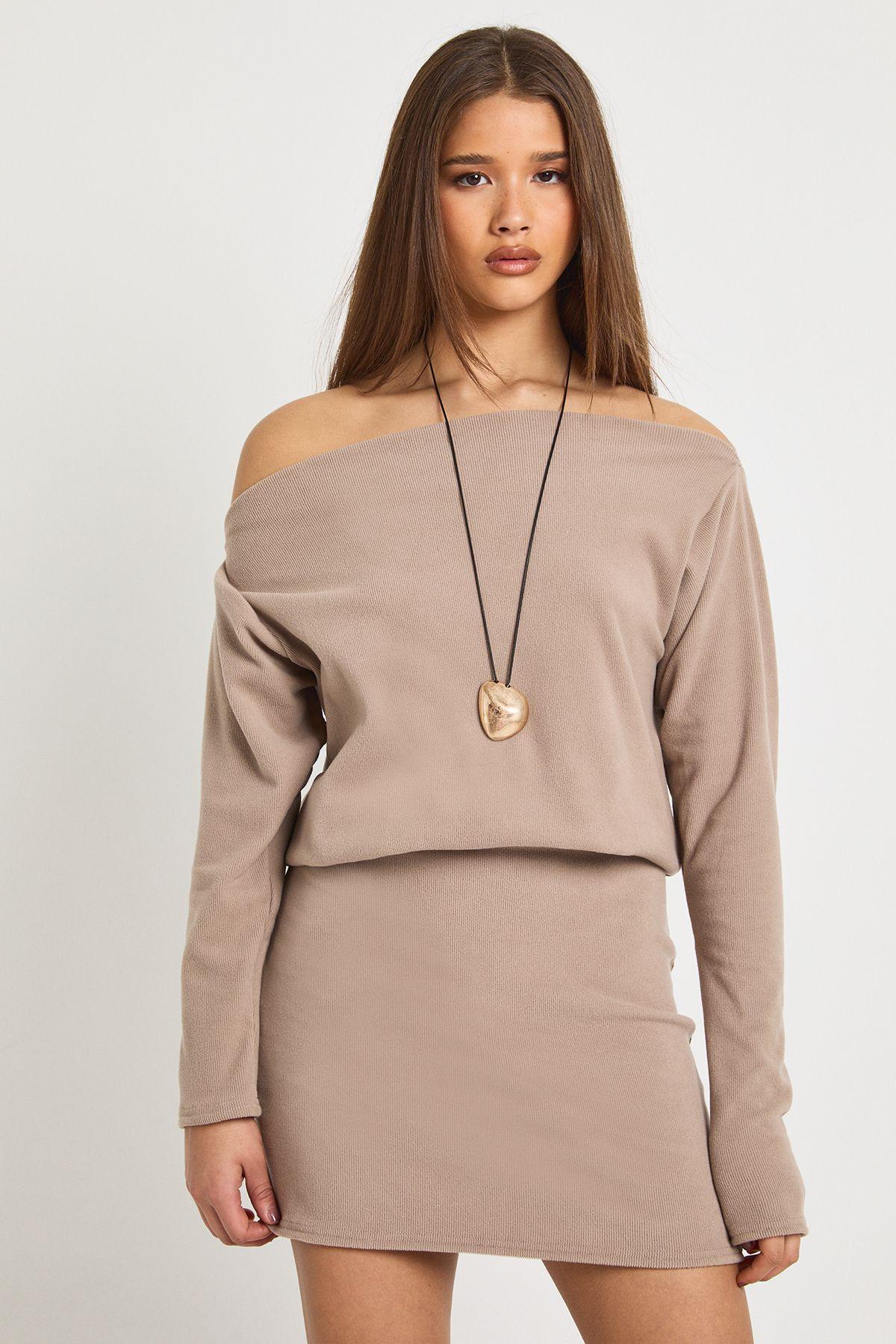 Brushed Rib Off Shoulder Mini Dress by BOOHOO