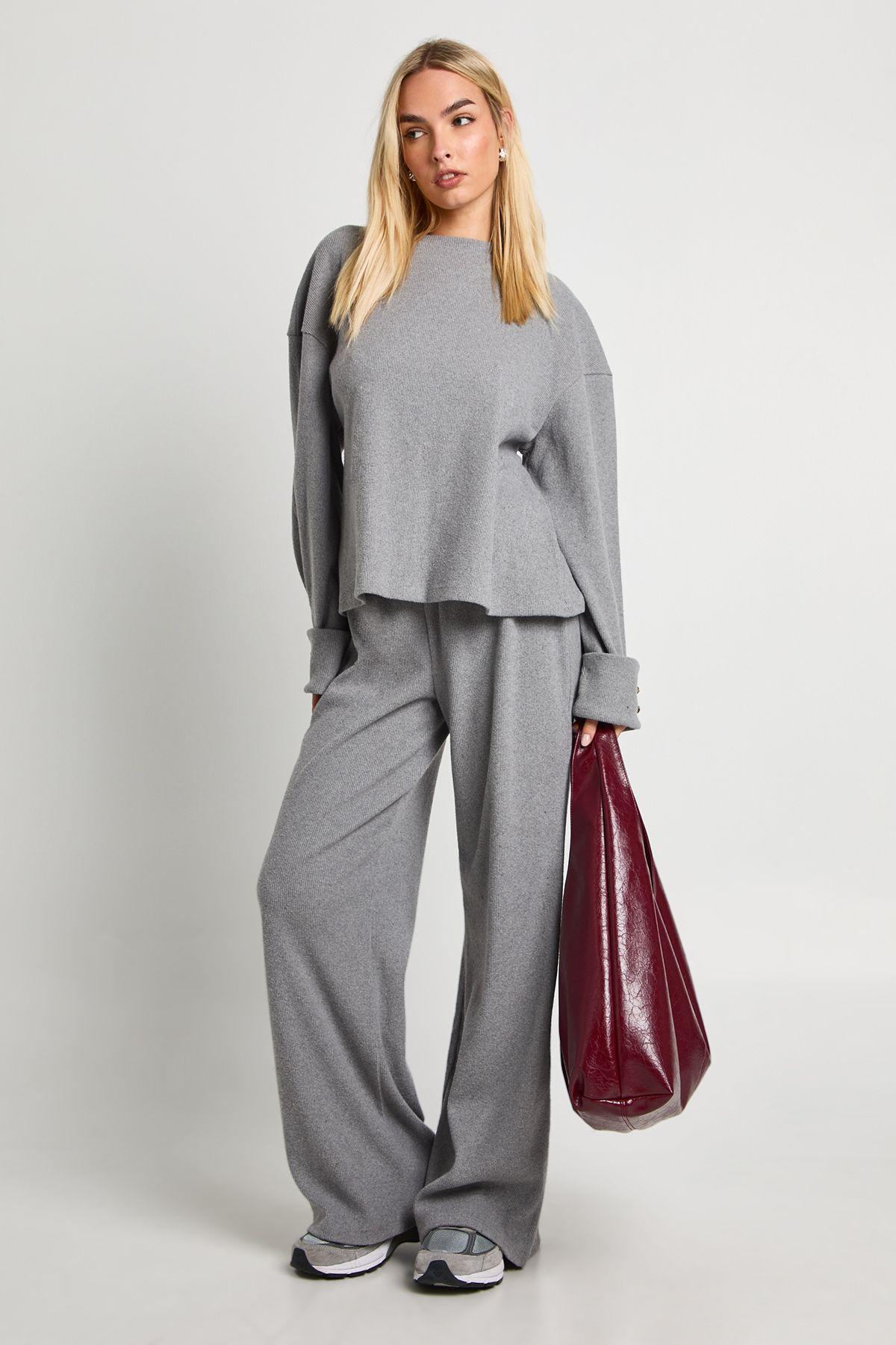 Brushed Rib Turn Up Cuff Detail Top & Trouser Co Ord by BOOHOO