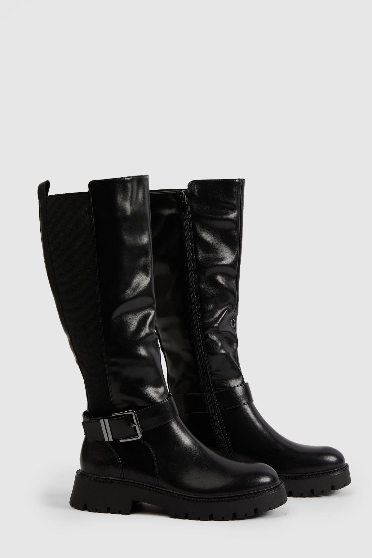 Buckle Detail Chunky Knee High Boots by BOOHOO