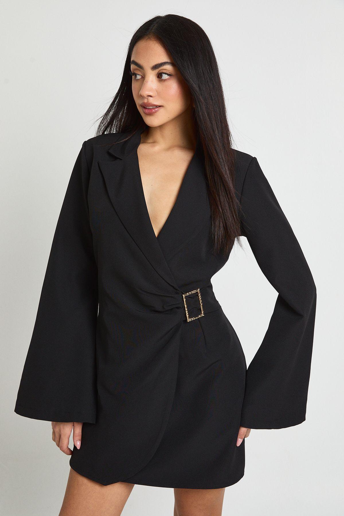 Buckle Detail Flared Sleeve Blazer Dress by BOOHOO