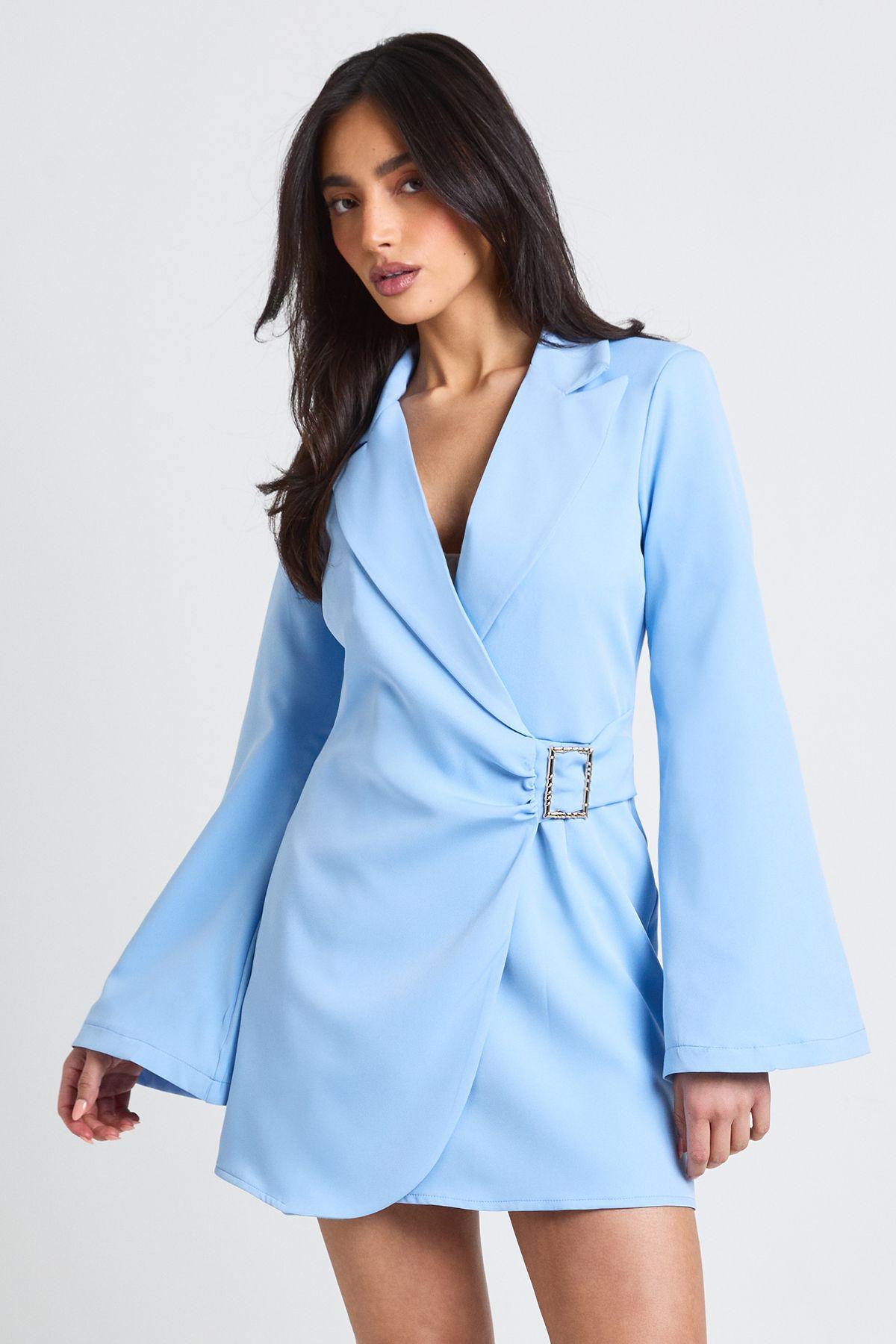 Buckle Detail Flared Sleeve Blazer Dress by BOOHOO