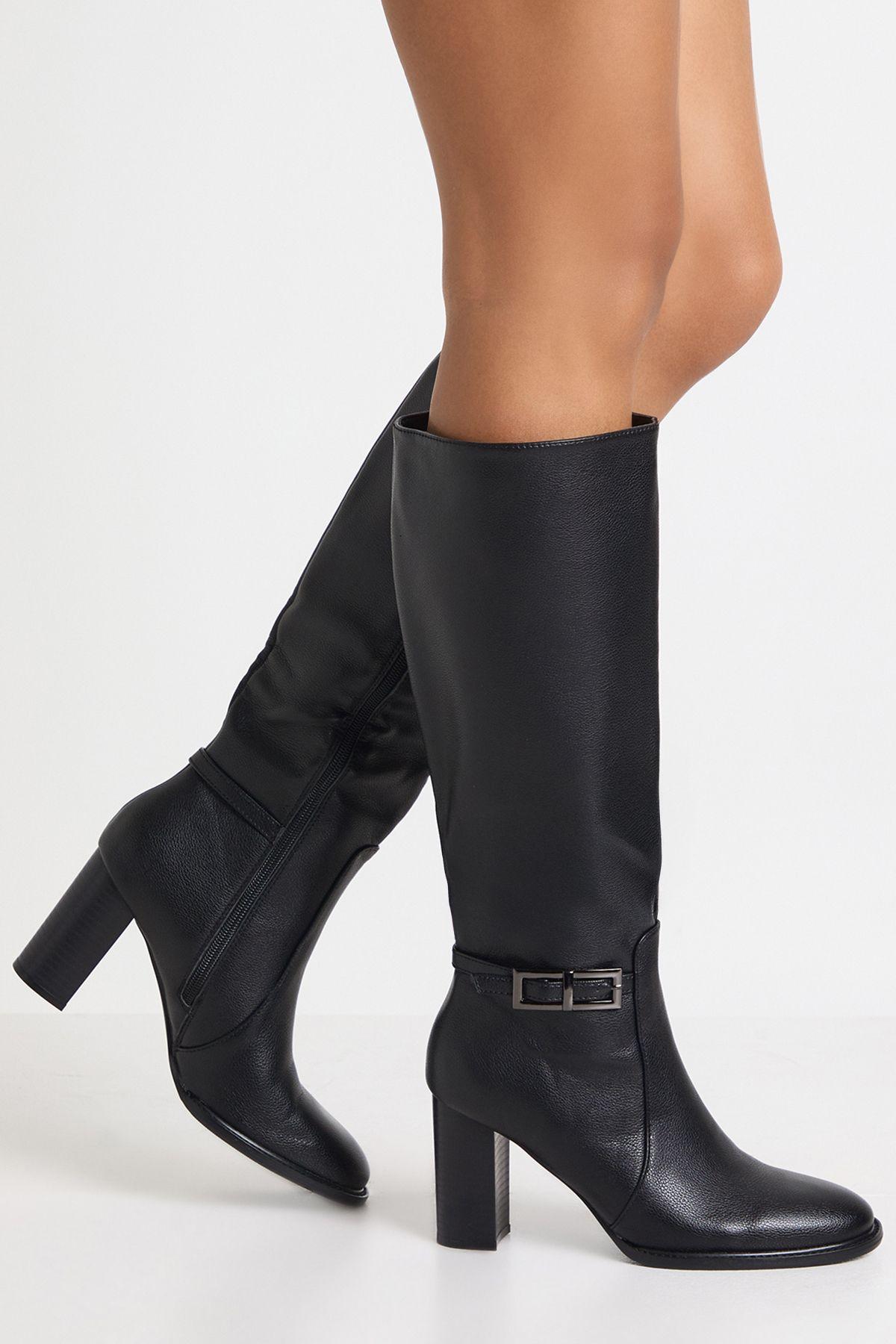 Buckle Detail Low Block Knee High Boots by BOOHOO