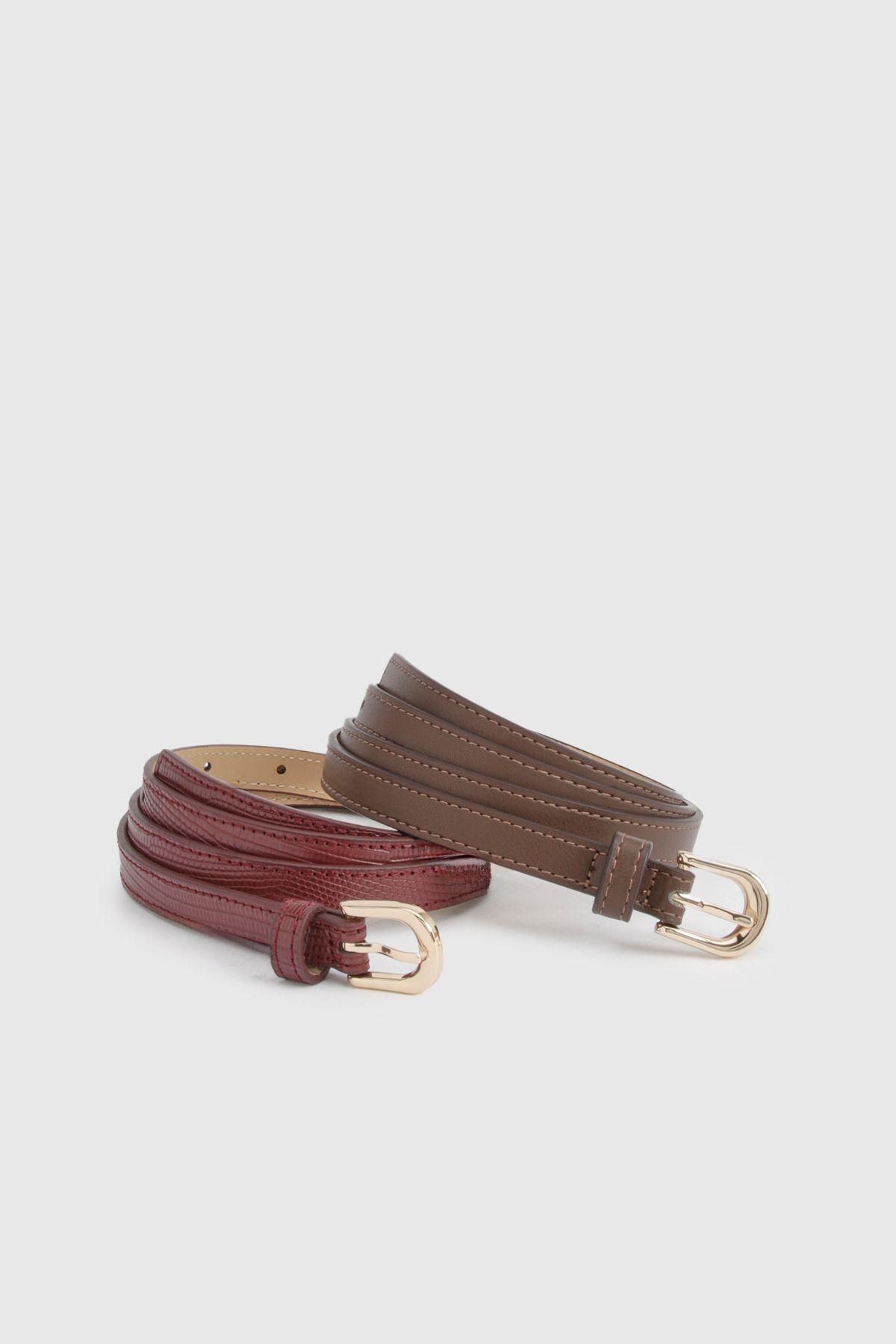 Burgundy 2 Pack Basic Skinny Belts by BOOHOO