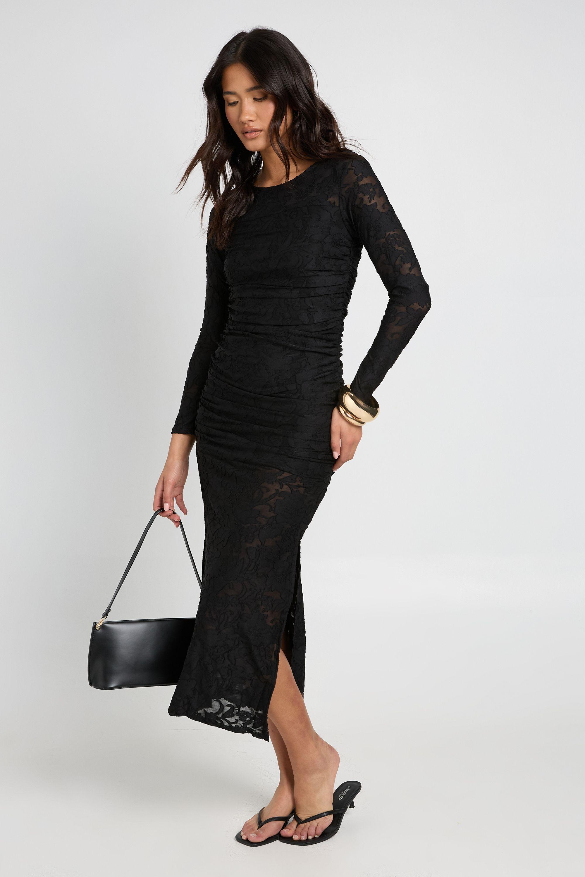 Burnout Floral Long Sleeve Ruched Body Midaxi Dress by BOOHOO