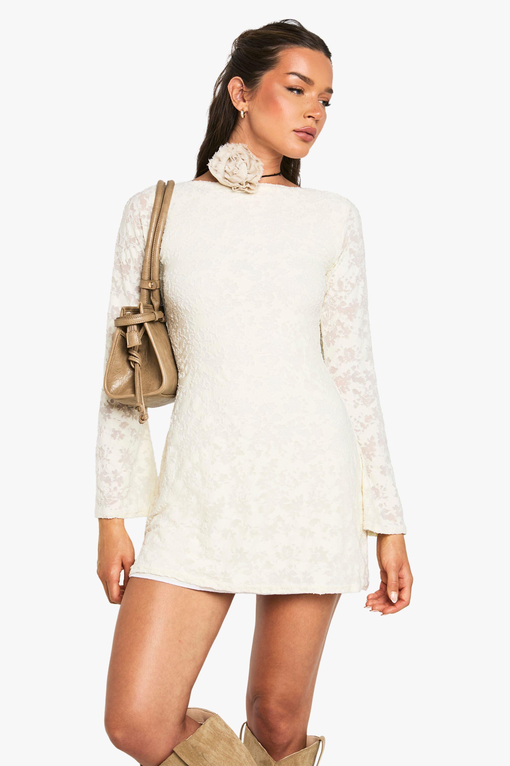 Burnout Floral Long Sleeve Scoop Back Mini Dress by BOOHOO